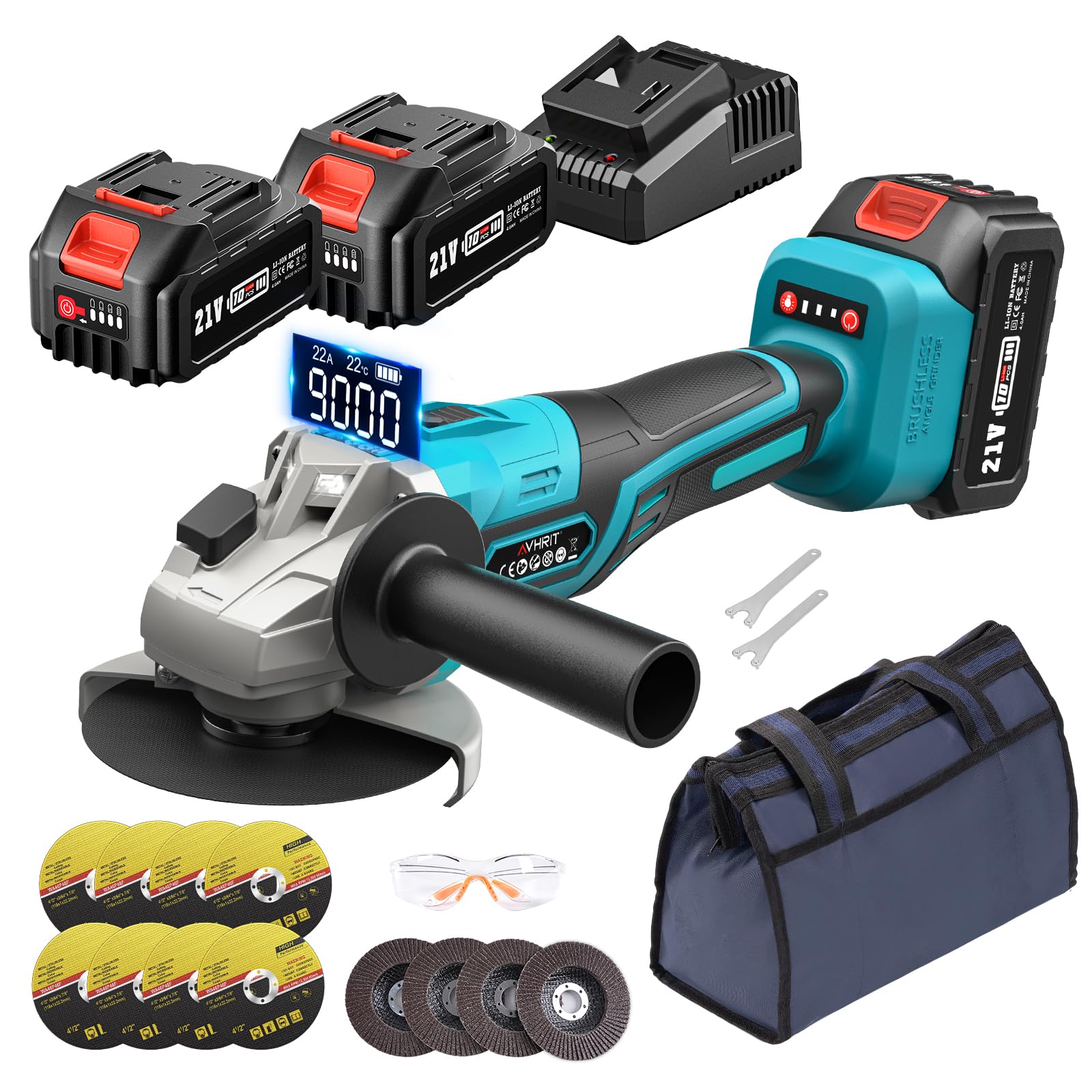 21V Cordless Angle Grinder with 2X4.0AH Batteries & Fast Charger - 9000 RPM Brushless Motor, 4-1/2'' Cutting Wheels & Flap Disc - Metal Cutting, Grinding & Polishing Tool for DIY Projects, Construction & Metalworking