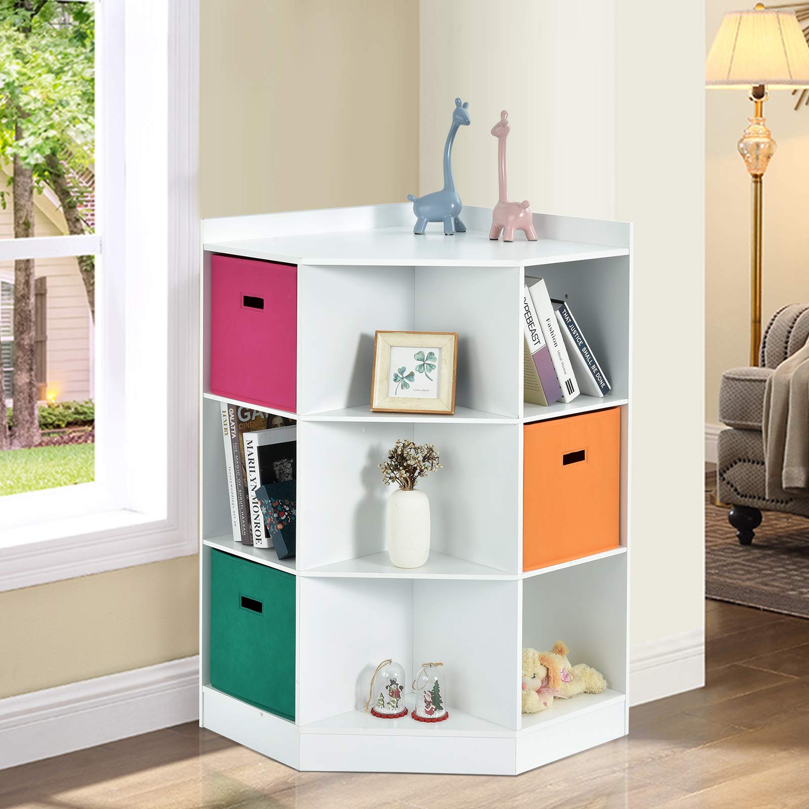 HONEY JOY 9-Cubby Wooden Kids Toy Storage Organizer with Display Shelf & 3 Removable Baskets - Corner Toy Bin Cabinet for Playroom, Nursery, Daycare & Kids Bedroom Organization (White) - Perfect for Small Spaces & Montessori Play Areas