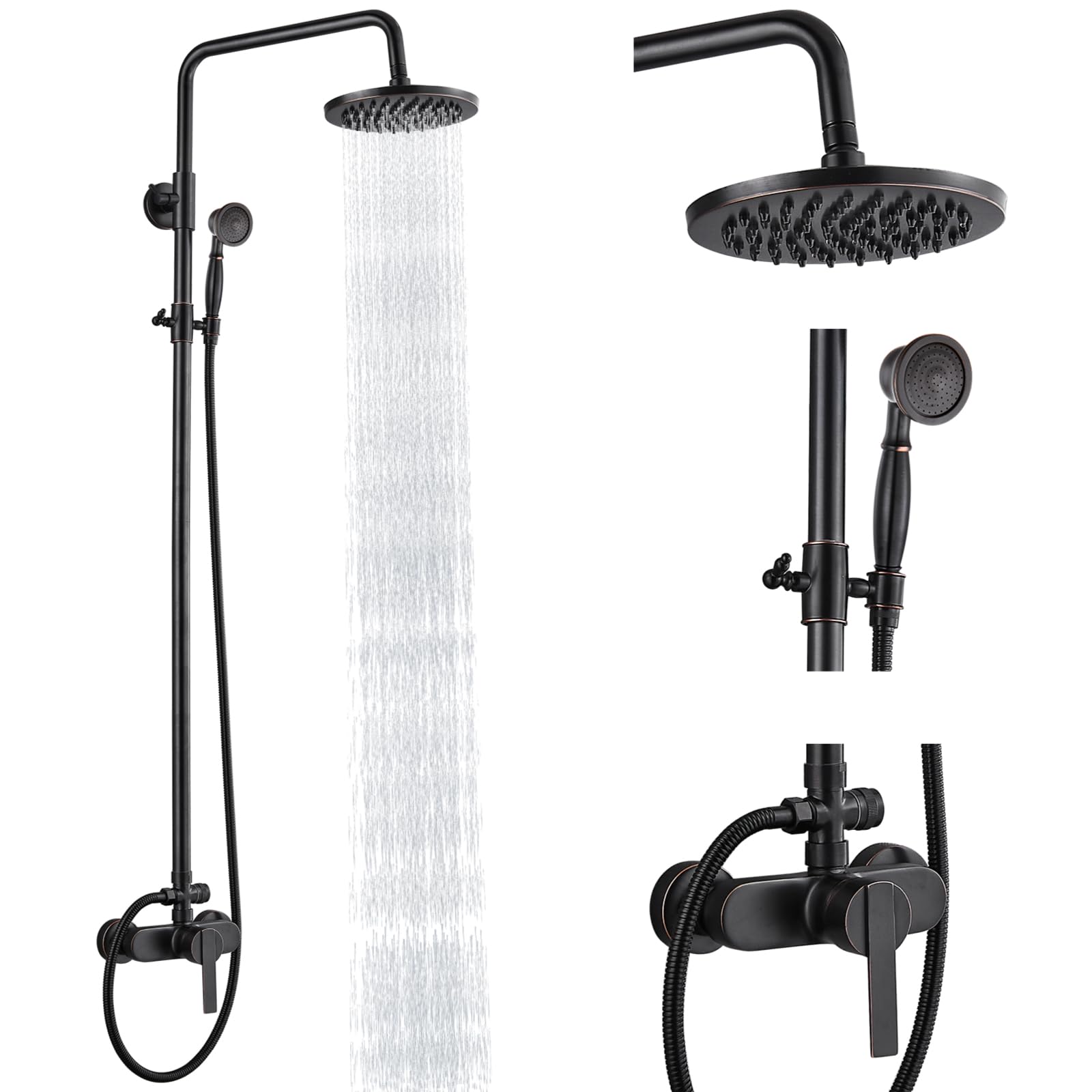 Oil Rubbed Bronze Exposed Pipe Shower System - 8 Inch Rainfall Shower Head & Handheld Sprayer Combo Set - Single Handle Brass Bathroom Faucet with Dual Functions - Perfect for Modern & Vintage Bathroom Renovations