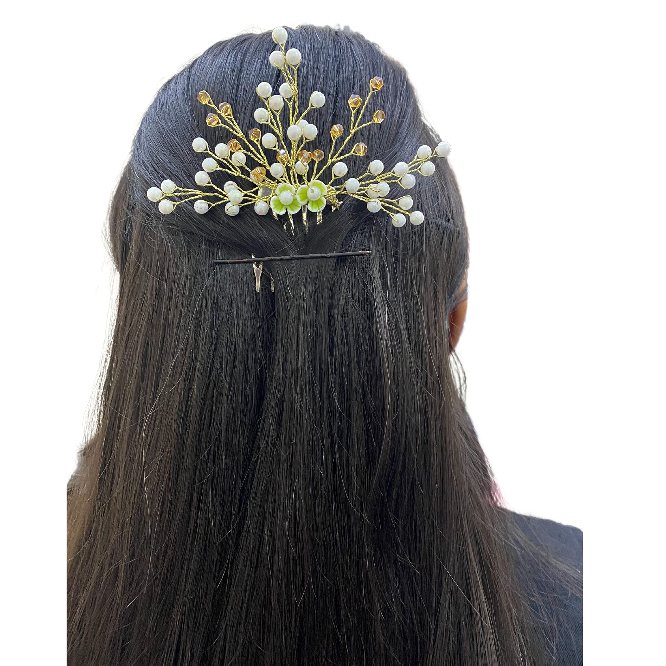 Samyak Designer Pearl & Crystal Hair Tiara Headband - Elegant Bridal Wedding Hair Accessory for Bridesmaids, Parties & Special Occasions (FL-Green) | Perfect for Weddings, Prom, Pageants & Formal Events