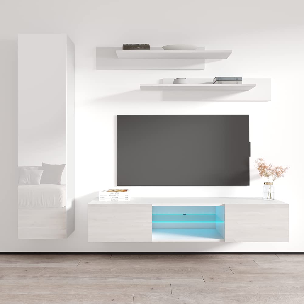 Modern Floating TV Stand with Storage & LED Lights - Wall-Mounted Entertainment Center for Bedroom & Living Room - White Meble Furniture Fly G1 33