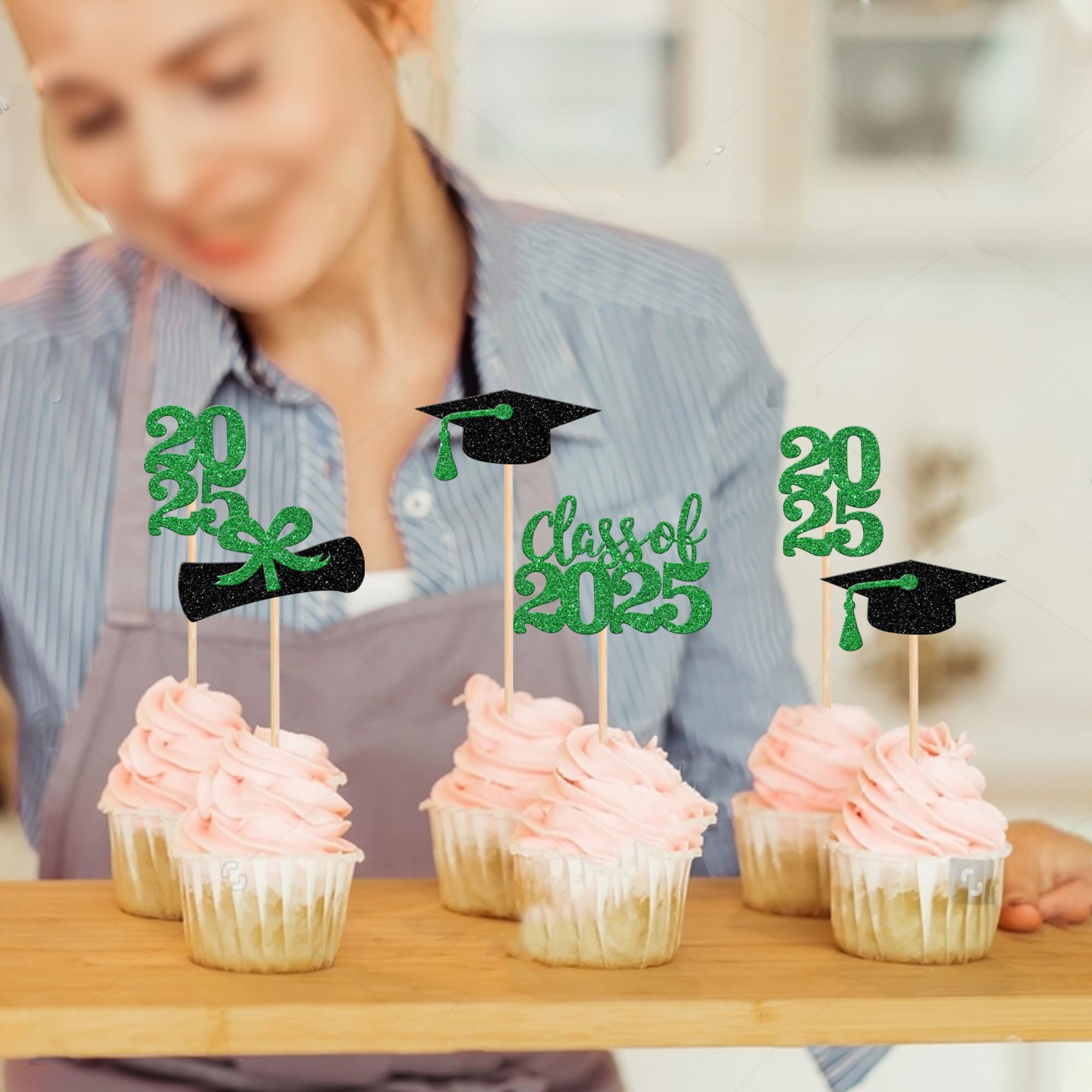 36 PCS 2025 Graduation Cupcake Toppers - Glitter Class of 2025 Caps & Diplomas Cake Decorations - Green Graduation Party Supplies for High School & College Celebrations, Birthday Cakes, Dessert Decor