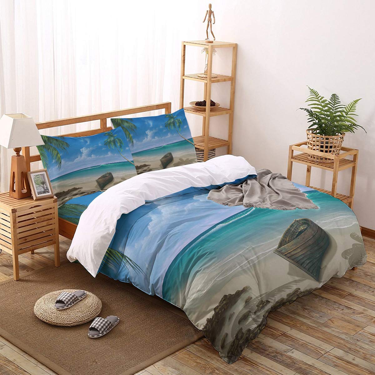 4-Piece Duvet Cover Set - Soft Summer Palm Tree Ocean Beach Boat Design - Full Size Comforter Cover with Zipper Closure & Corner Ties - Perfect for Beach House, Guest Room & Vacation Home Decor