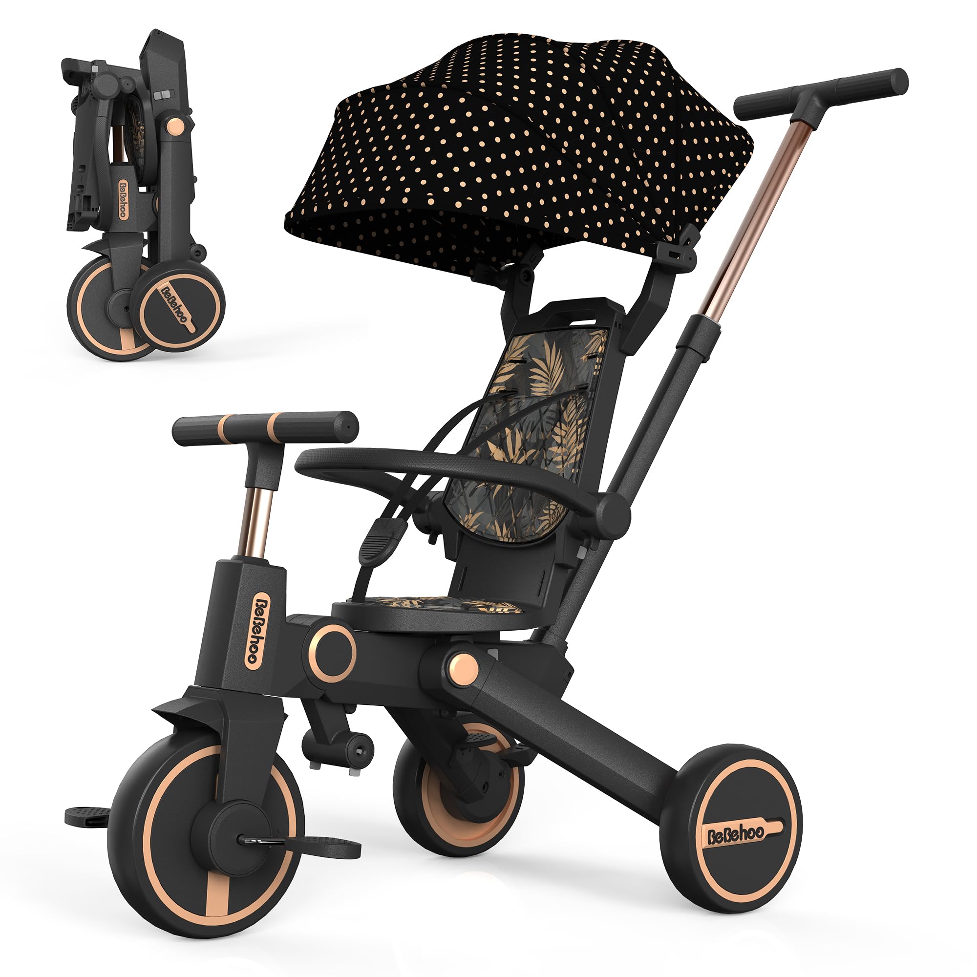 7-in-1 Foldable Tricycle Stroller for Toddlers 1-5 Years - Adjustable Kids Balance Bike with Push Handle, Safe Baby Tricycle for Outdoor Play, Park Rides & Neighborhood Walks (Gold)