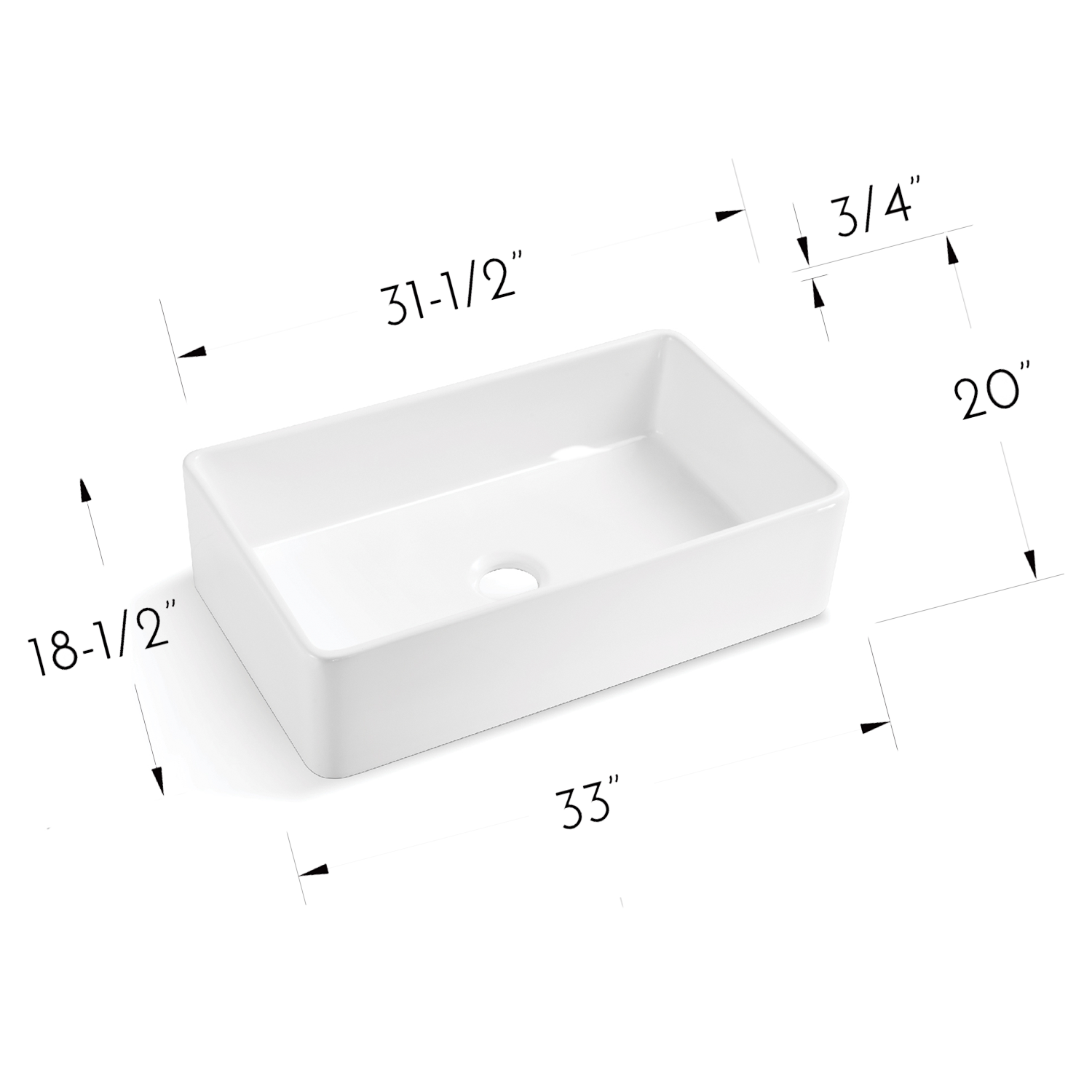 DAX Farmhouse Single Bowl Kitchen Sink - 33 x 20 x 8.5 Inch White Porcelain Undermount Sink with Apron Front for Modern & Rustic Kitchens (Model C3320)