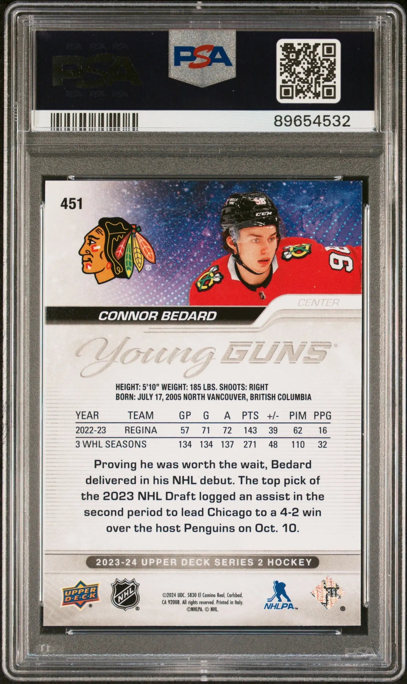 2023-24 Upper Deck Series 2 Hockey Connor Bedard Young Guns Rookie Card #451 PSA 9 Gem Mint - Collectible Trading Card for NHL Fans & Sports Memorabilia Enthusiasts