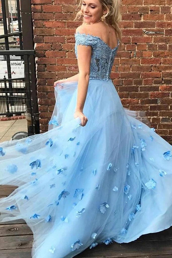 Light Blue 2 Piece Prom Dresses Off the Shoulder Long Evening Gowns with Floral Details - Perfect for Homecoming, Formal Events & Special Occasions