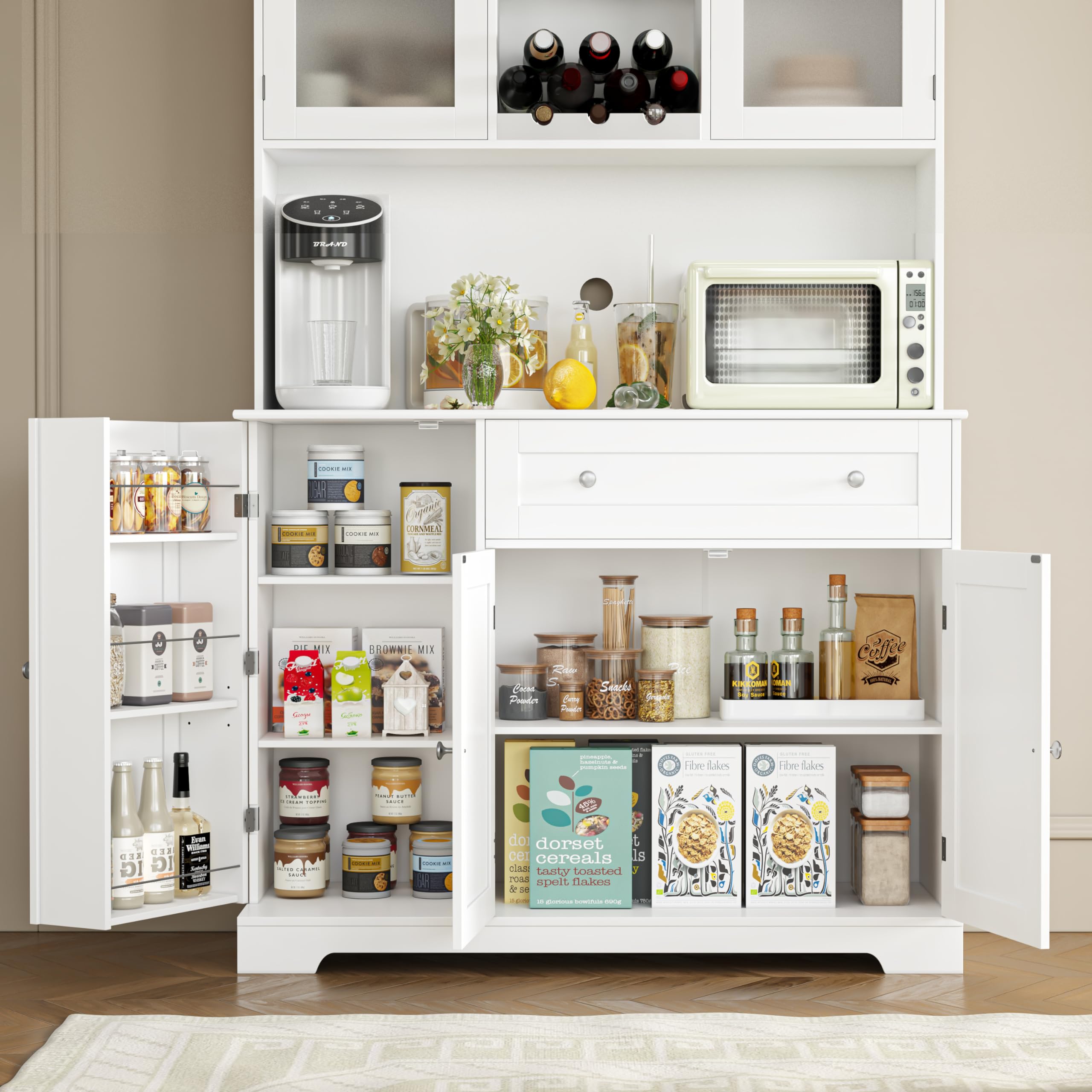 Modern White Kitchen Pantry Storage Cabinet with Hutch & Microwave Stand - Buffet Cabinet with Doors, Shelves & Wine Rack for Dining Room | Perfect for Small Kitchen Organization & Stylish Home Decor