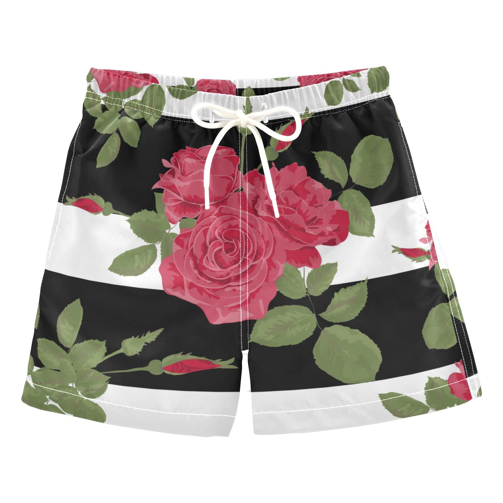 AMICHIC Boys Swim Trunks - Red Roses & Stripes Pattern, Quick-Dry Beach Board Shorts for Surfing, Swimming & Hawaii Vacations | Perfect for Summer Pool Parties & Beach Outings