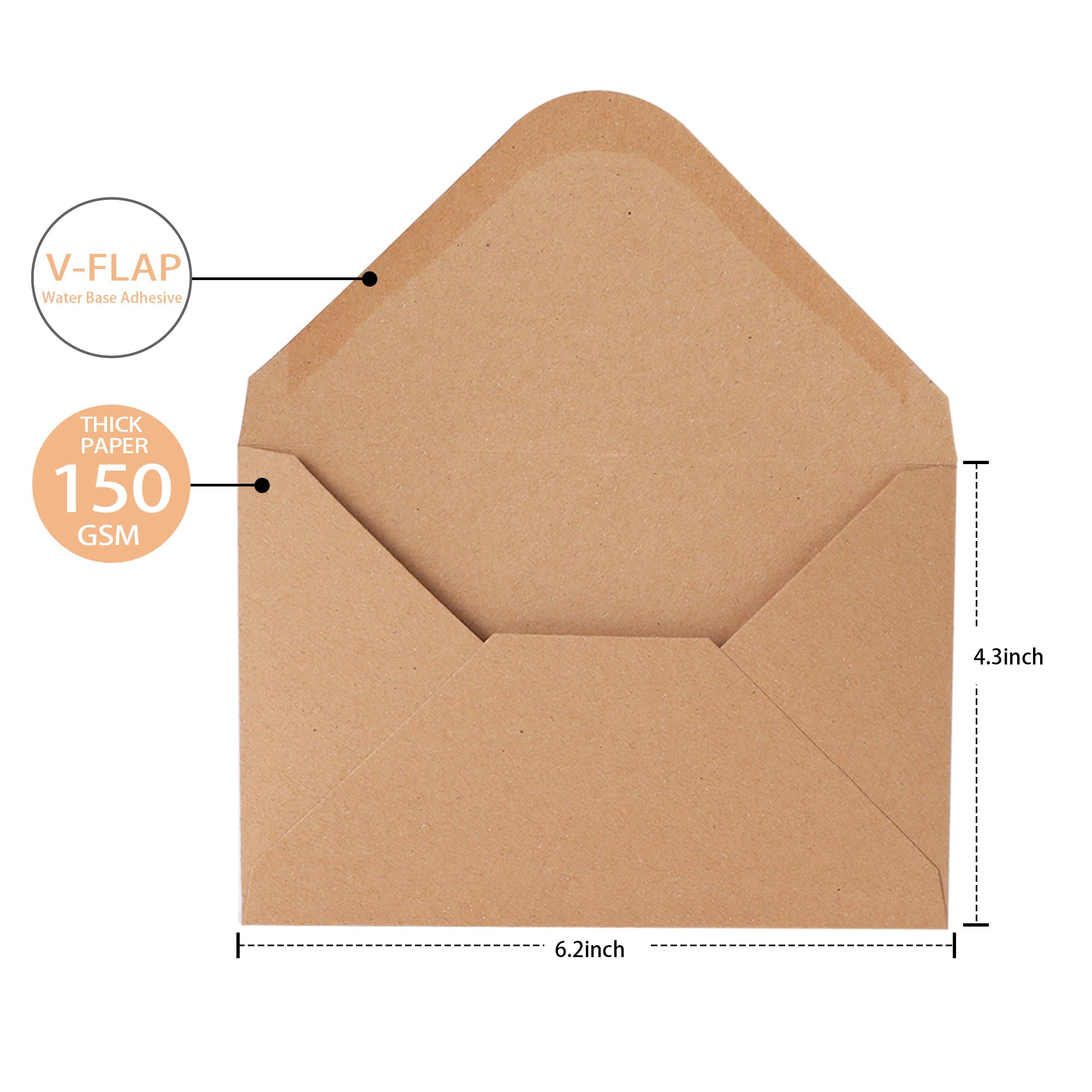 V-Flap Kraft Paper Envelopes 4x6 Inches (50 Pack) - A4 Size, Brown Card Envelopes for Invitations, Postcards & Greeting Cards - Eco-Friendly Water-Based Adhesive & Gummed Flap - Perfect for Wedding Invites, Business Mail & DIY Craft Projects