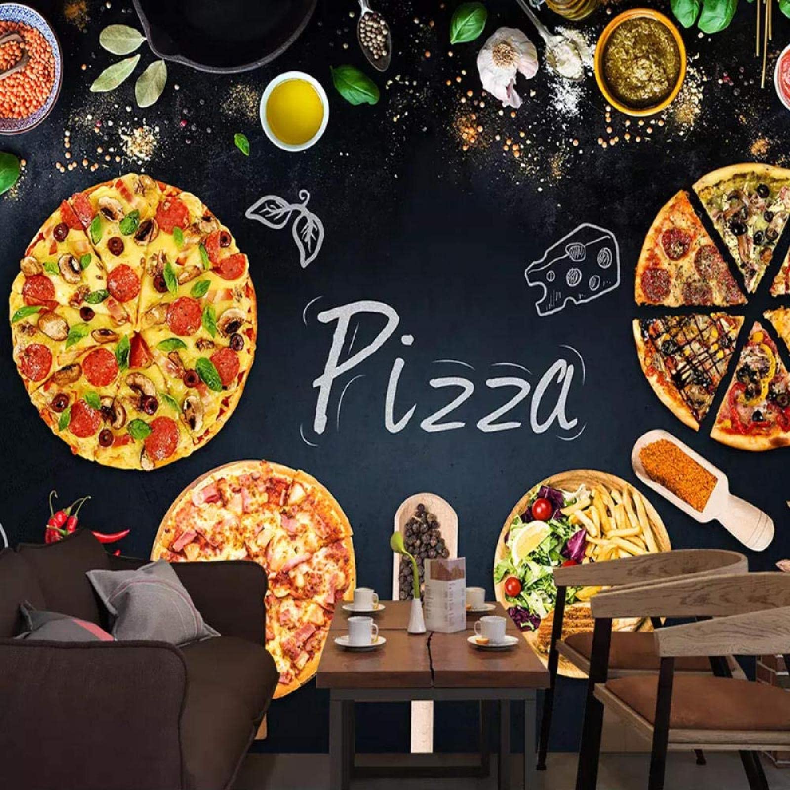 3D HD Pizza Shop Blackboard Wallpaper - Restaurant Backdrop & Wall Decor for Dining Room, Cafe, and Kitchen Murals | Perfect for Italian Eateries, Pizzerias, and Home Kitchen Decor