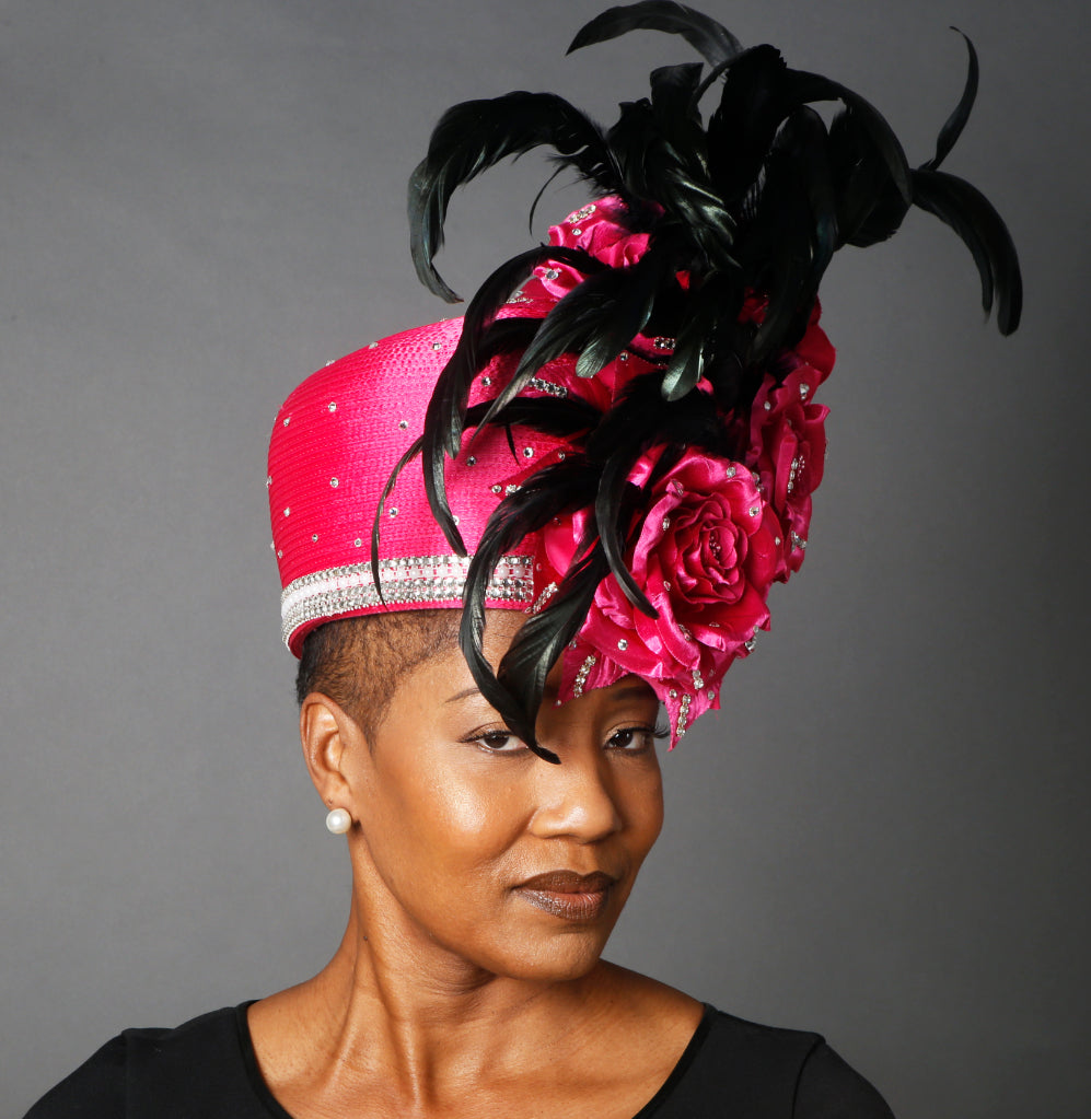 Elegant Black Feather Church Hat with Large Satin Flowers - Perfect for Sunday Services, Weddings & Special Occasions