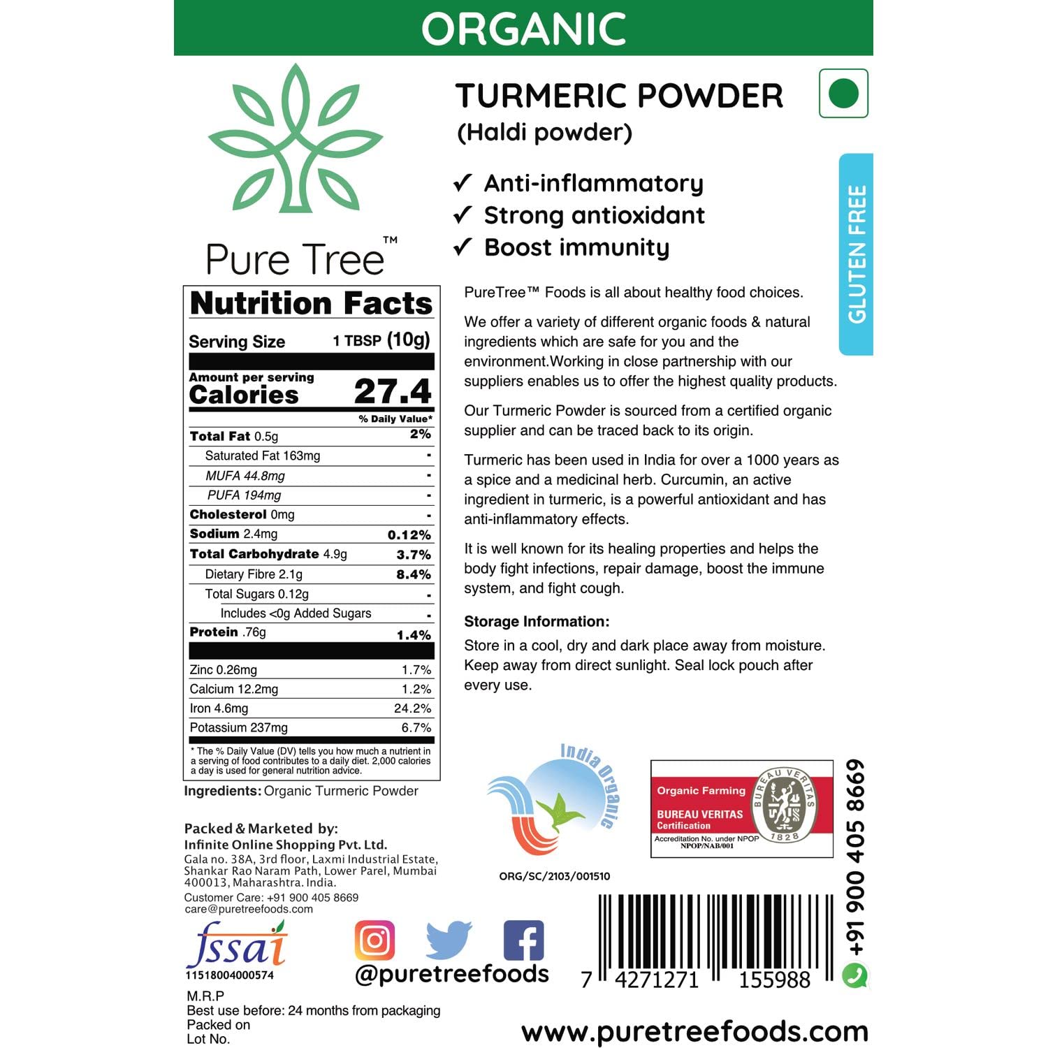 Pure Tree Certified Organic Turmeric Powder (Haldi) - 250g | USDA Organic Spice for Cooking, Golden Milk & Wellness | Strong Antioxidant for Healthy Lifestyle