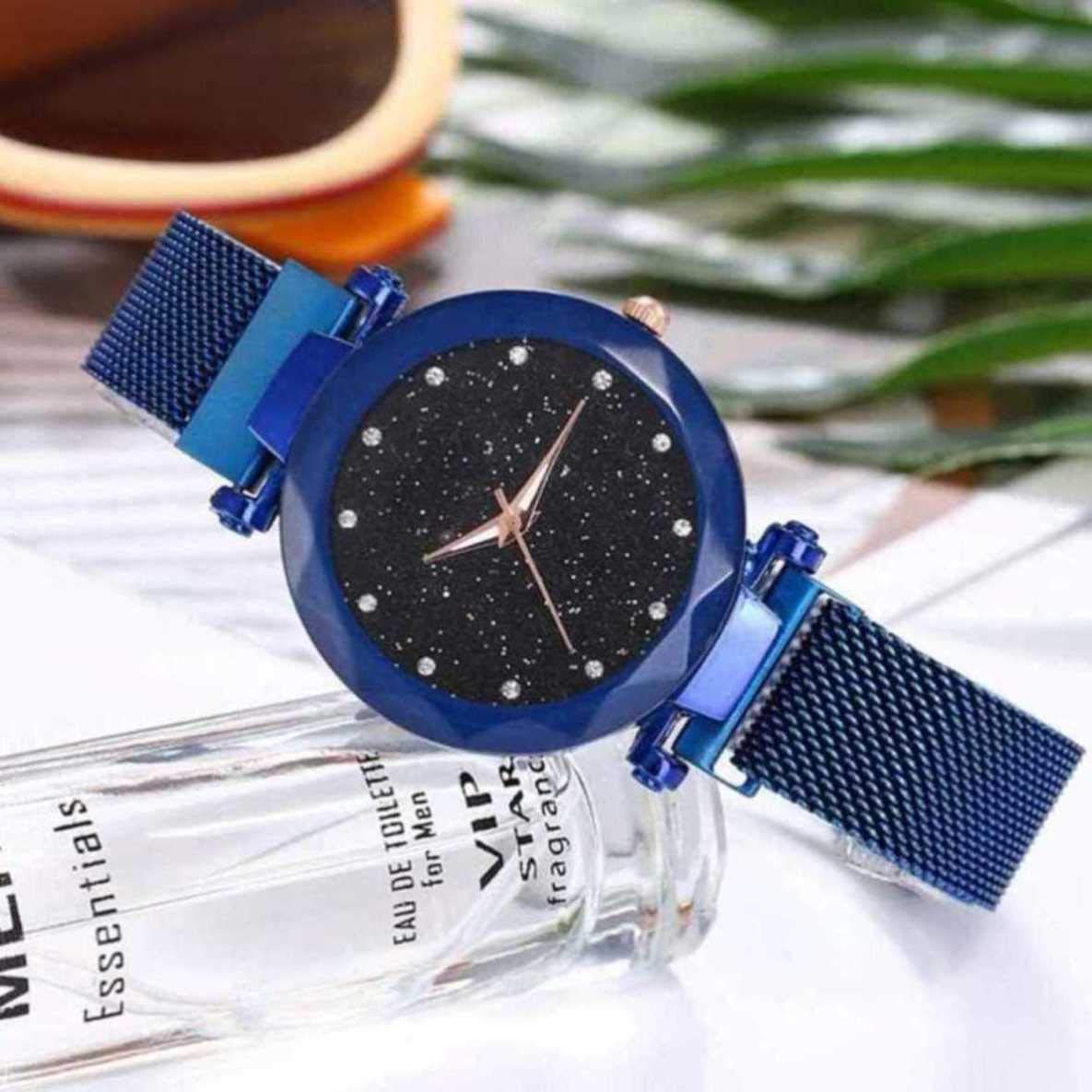 Premium Acnos Stainless Steel Women's Watch - Black Round Diamond Dial with Blue Magnet Belt, Analog Timepiece for Everyday Wear & Special Occasions (DM-Blue10) | Perfect for Office, Parties & Gifts