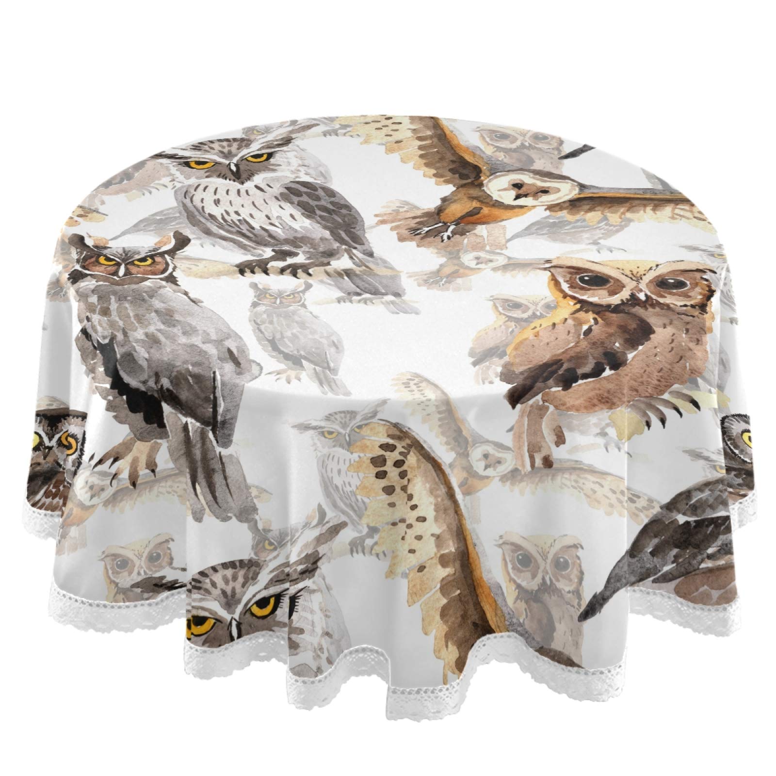Watercolor Owl Wildlife Round Tablecloth - 60 Inch White Lace Polyester Table Cover for Party Decor, Dinner Table Setting & Home Decoration | Perfect for Birthday Parties, Wedding Receptions & Holiday Gatherings
