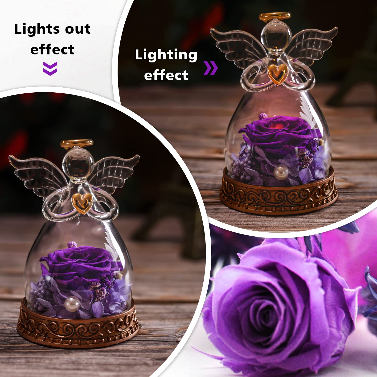 Real Preserved Rose in Glass Angel Figurine with LED Lights - Romantic Gift for Women, Mom, Grandma | Perfect for Mother's Day, Christmas, Birthday, Anniversary & Valentine's Day | Home Decor & Keepsake (Purple)