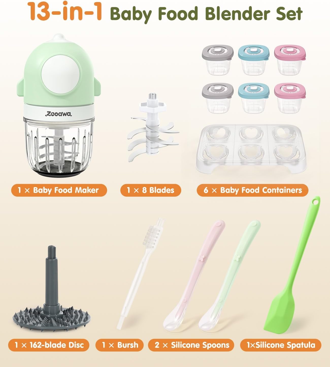 Zooawa 13-in-1 Baby Food Maker & Blender with Silicone Spoon & Storage Containers - Puree Maker for Fruits, Vegetables, Meat - Essential Baby Food Processor Gift Set (Pea Green) - Perfect for Homemade Baby Food Prep & On-the-Go Feeding