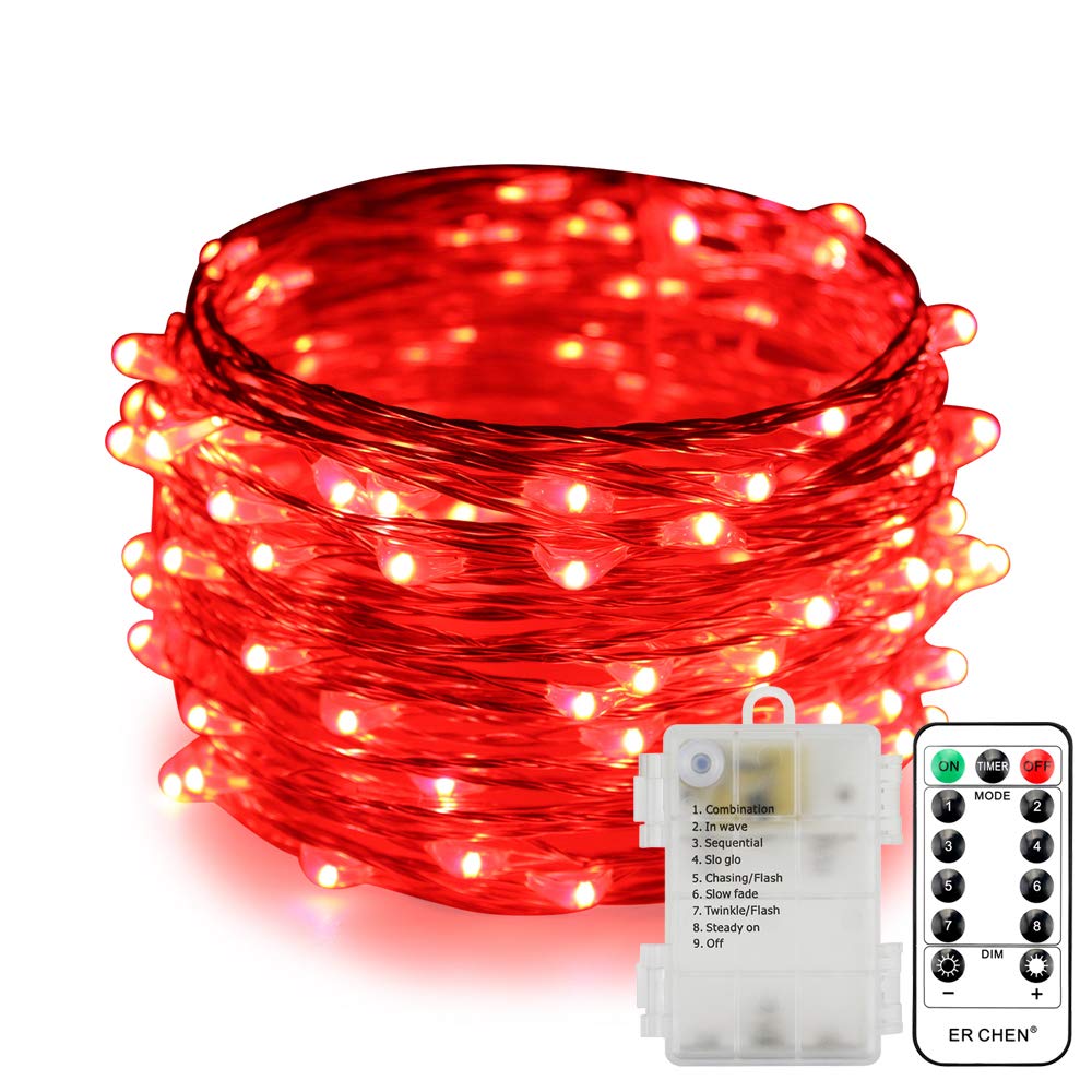 Battery Operated Silver Copper Wire LED String Lights - 33FT 100 LEDs, 8 Modes Dimmable Waterproof Fairy Lights with Remote Control & Timer for Indoor Outdoor Wedding, Bedroom, Party, Garden (Red) - Perfect for Home Decor, Holiday Lighting and Special Events