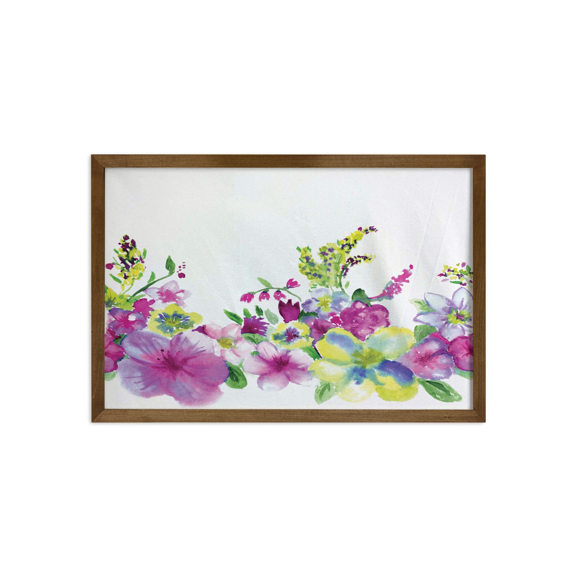 Ambesonne Watercolor Flower Framed Wall Art - Abstract Hybrid Garden Floret Composition with Heathers & Stocks - Teak Wood Frame Fabric Decor for Living Room, Bedroom & Dorm - 35x23 Inches Pink Green Wall Hanging Painting