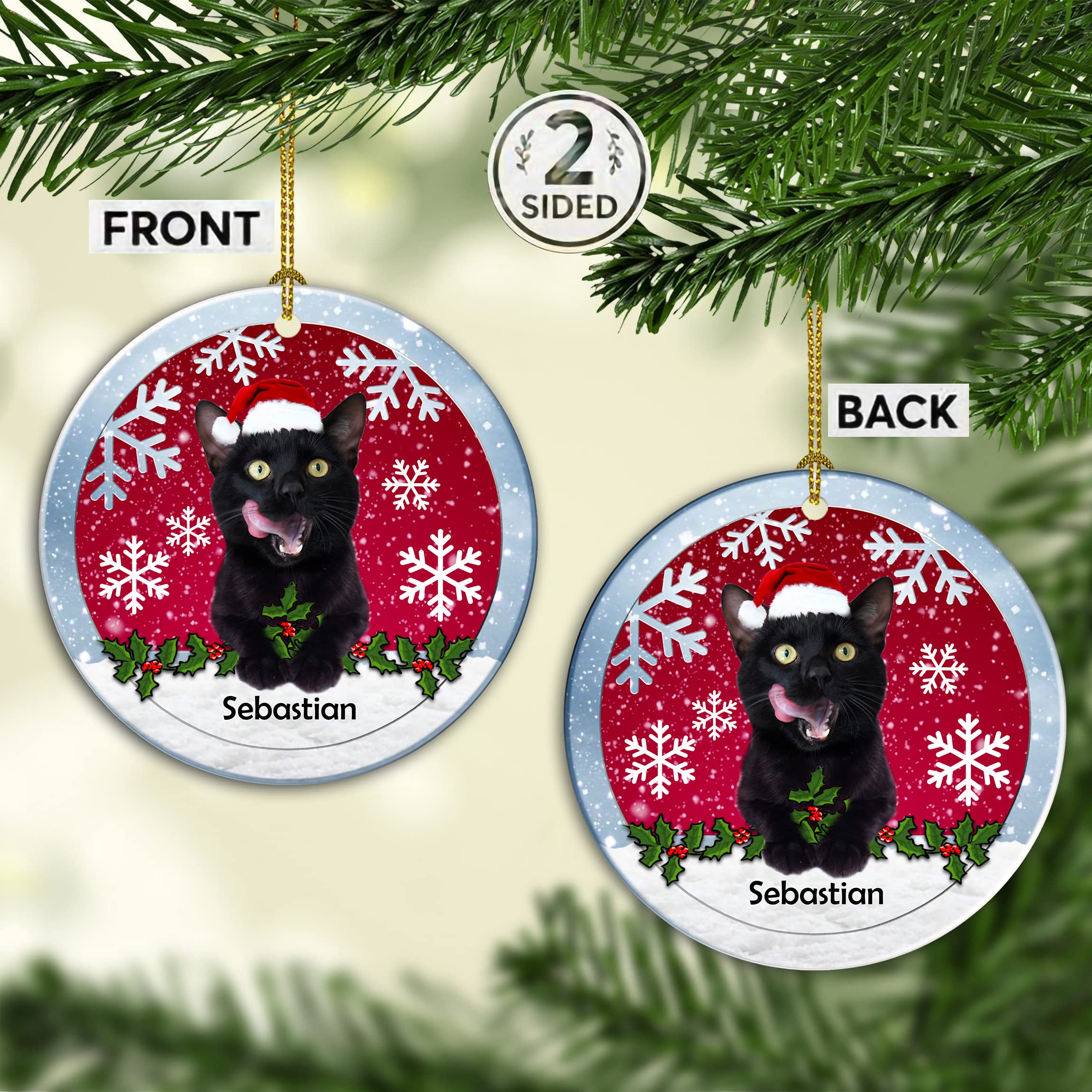 Personalized Black Cat 2024 Christmas Ornament - Custom Ceramic Tree Decoration with Side Print - Funny Cute Holiday Hanging Decor for Xmas Tree, Gift & Home Decor