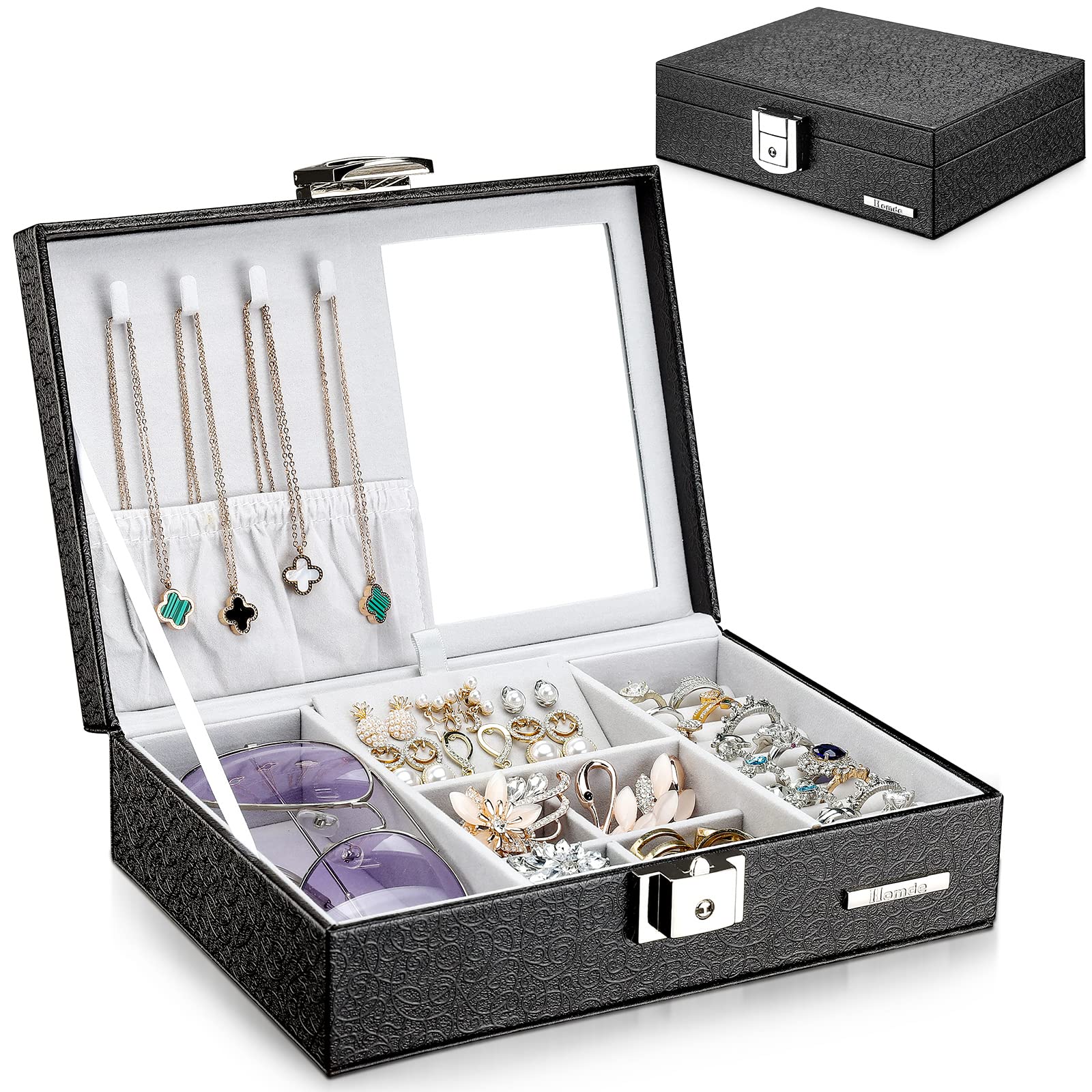 Homde Jewelry Box Organizer with Mirror - Premium Necklace, Ring & Earring Storage Holder for Women & Girls - Perfect for Travel, Home Decor & Gift Giving (Black)