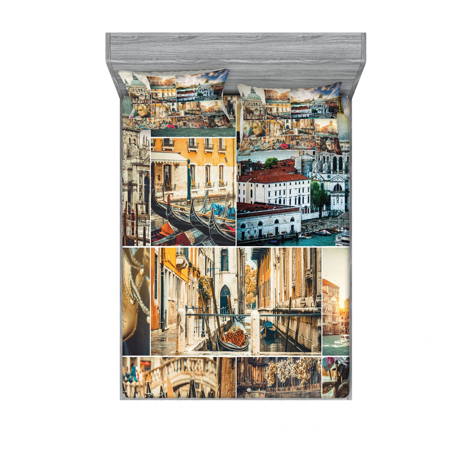 Ambesonne 2-Pack King Size Fitted Sheet Set with 4 Pillow Shams - Venice Canal Cityscape Design, Vibrant Multicolor Bedding Collection for Home Decor | Perfect for Guest Rooms, Vacation Homes & Themed Bedrooms