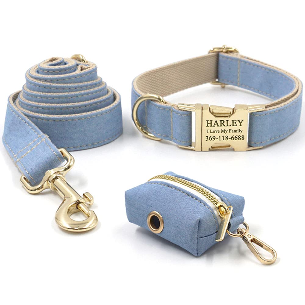 Personalized Denim Dog Collar with Engraved Name & Phone - Gold Metal Buckle, Light Blue Jean for Medium & Large Dogs - Perfect for Weddings, Birthdays & Special Occasions (Collar Only, Size M) | Durable & Stylish Pet Accessory for Daily Walks & Outdoor Adventures