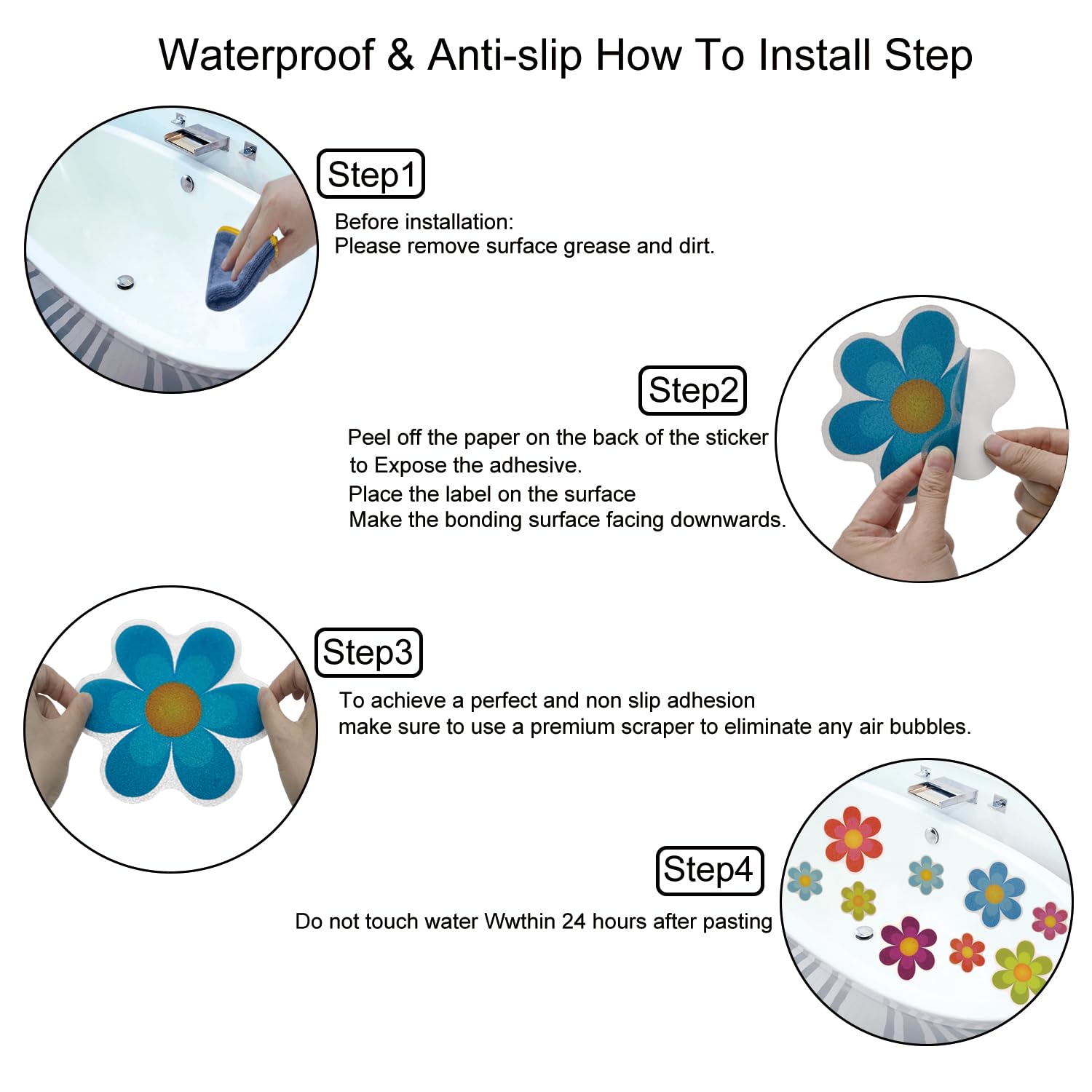 20-Piece Non-Slip Bathtub Stickers with Bright Flower Design - Anti-Slip Shower Stickers for Bathroom Safety - Perfect for Bathtubs, Showers, and Pool Floors to Prevent Slips and Falls