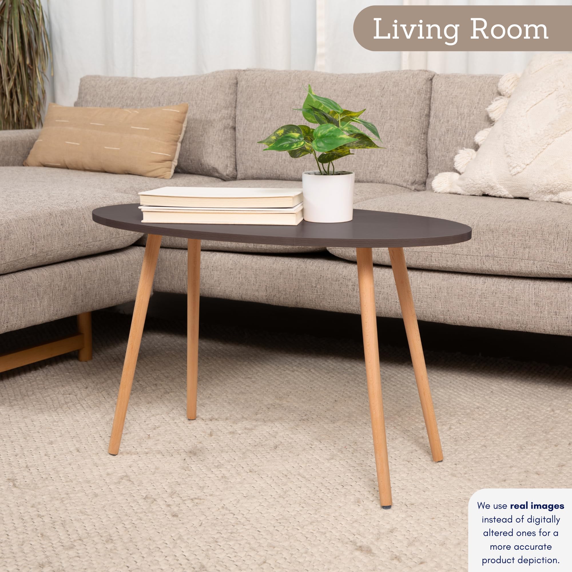 DECOMIL - Modern Oval Coffee Table & End Table for Small Spaces - Industrial Design for Living Room, Office, Balcony - Perfect for Coffee, Laptop Use - Brown Wood Finish - Compact Furniture for Apartments & Small Homes