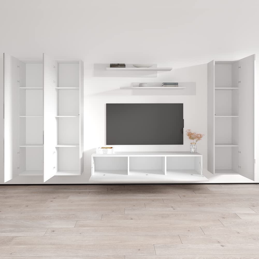 Modern Floating TV Stand with Storage & LED Lights - Wall-Mounted Entertainment Center for Bedroom & Living Room - White Meble Furniture Fly CD1 30