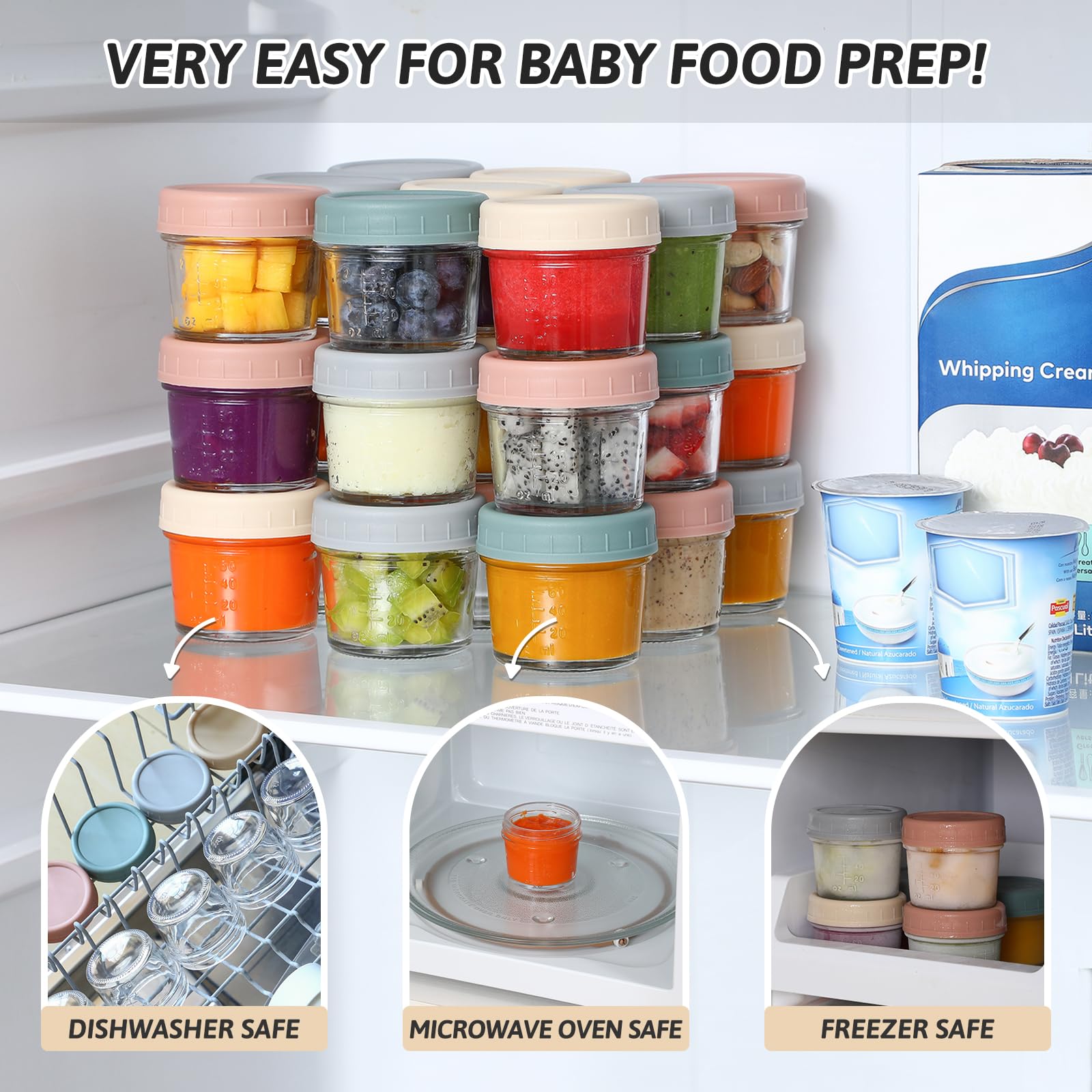 VITEVER 16 Pack 4oz Glass Baby Food Storage Containers with Lids - BPA Free, Reusable, Microwave & Dishwasher Safe - Perfect for Homemade Baby Puree, Meal Prep & Freezer Storage - Ideal for Infants, Toddlers & On-the-Go Parents