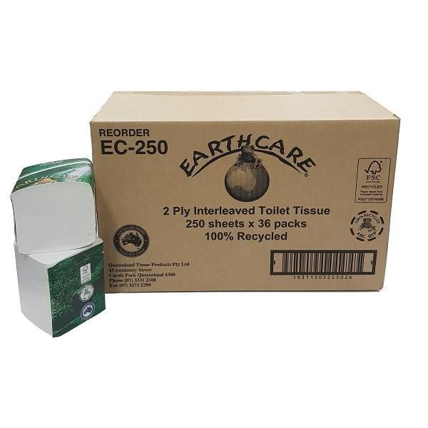 Earthcare Interleaved Toilet Tissue - 100% Recycled Bathroom Tissue, 2-Ply, Septic Safe | Soft & Strong for Home, Office & RV Use