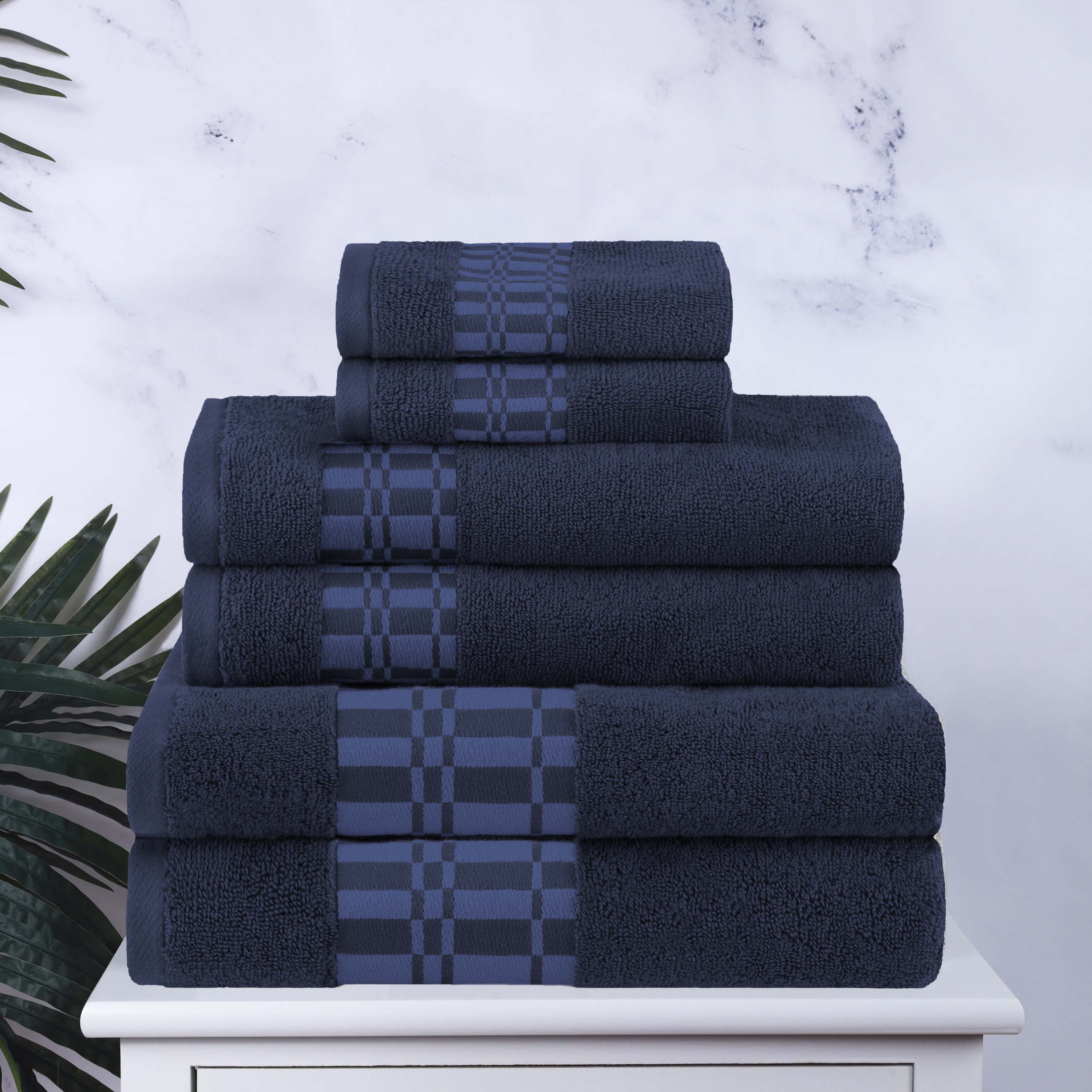 Larissa Cotton Geometric Embroidered Border 6-Piece Bath Towel Set | Soft & Absorbent Luxury Towels for Bathroom, Spa & Guest Use