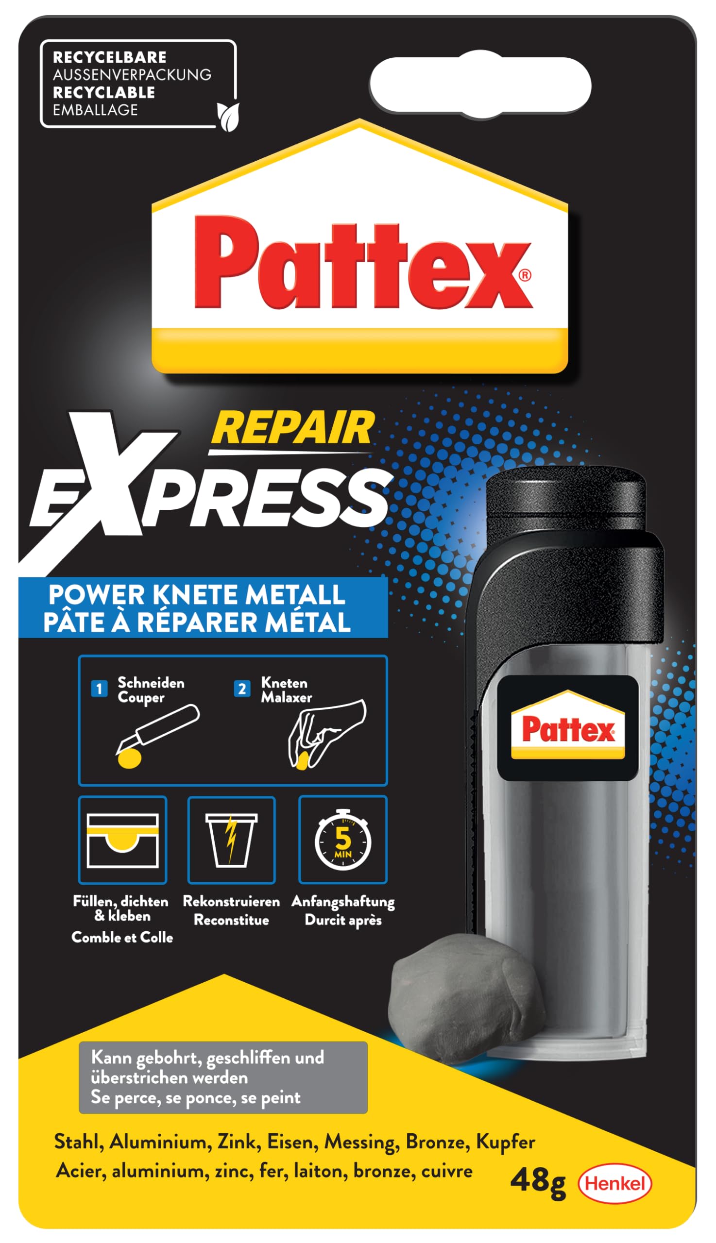 Pattex 1931038 Repair Express Metal Power Dough - 48g Silver/Grey Epoxy Putty (25-Pack) for Metal Repairs, Plumbing Fixes & DIY Projects