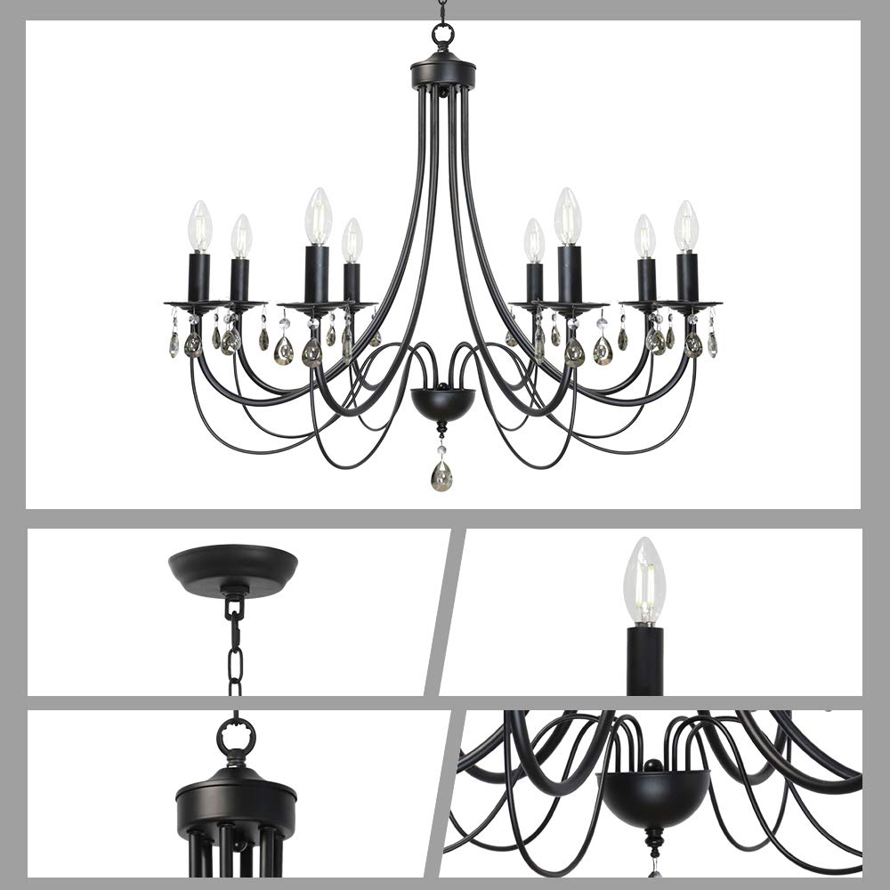 Modern 8-Light Black Crystal Chandelier - Mid Century Ceiling Lighting Fixture for Dining Room, Kitchen Island & Entryway - Elegant Pendant Light with Clear Crystals for Home Decor