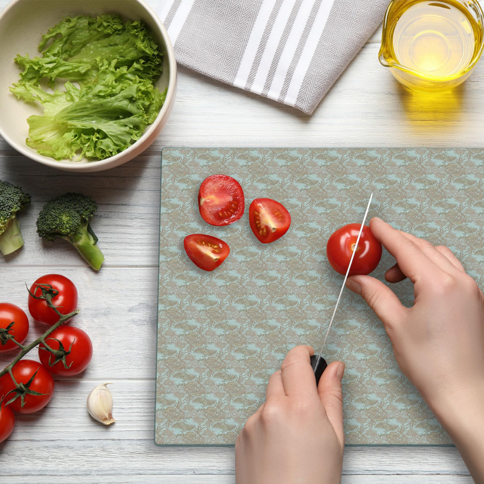 Ambesonne Floral Cutting Board - Hand Drawn Rustic Botany Blossoms Print, Tempered Glass Serving Board for Kitchen & Dining - Large Size (Pale Peach/Off White/Dark Brown) - Perfect for Cheese Platters, Charcuterie, and Home Decor