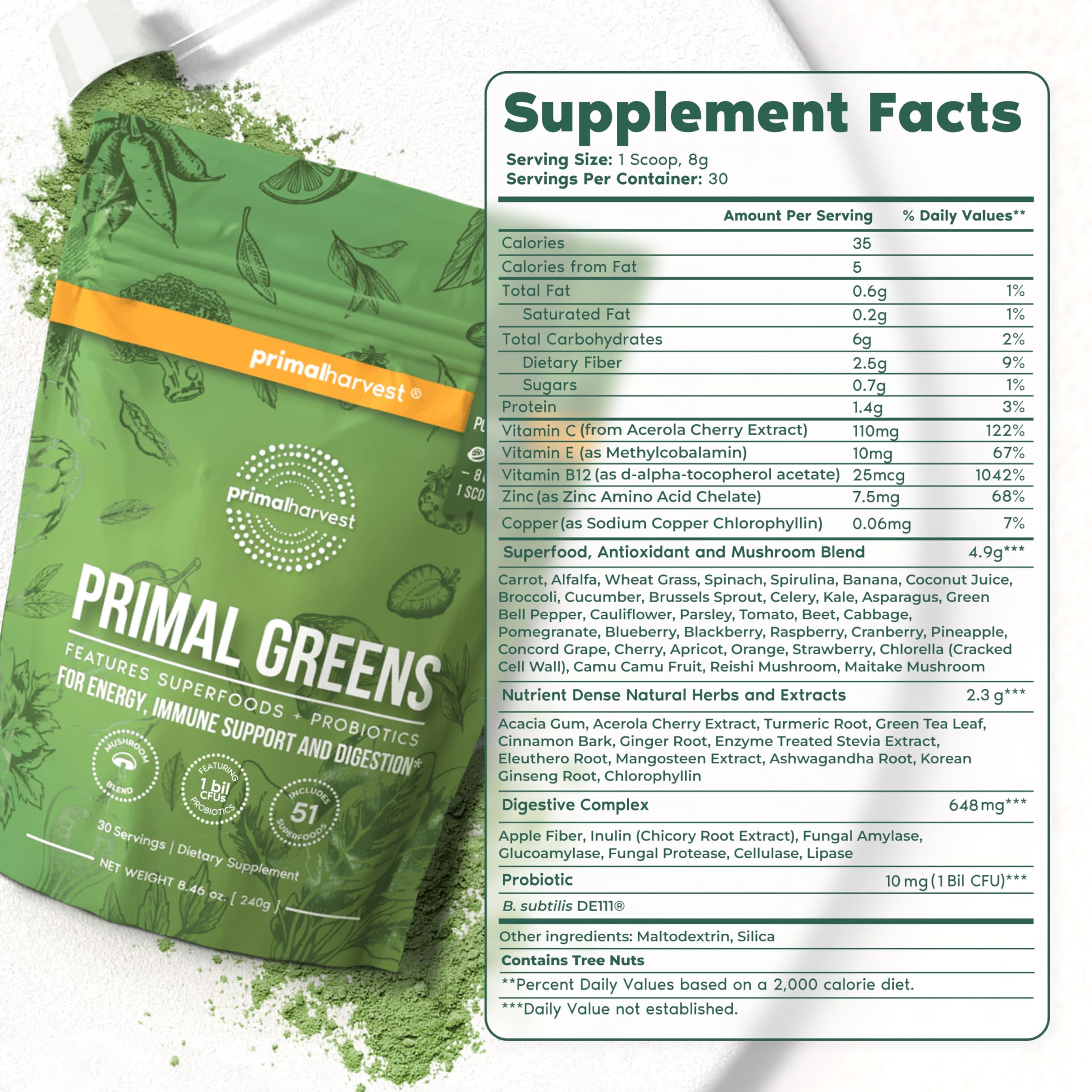 Primal Harvest Super Greens Powder - 30 Servings with 50+ Superfoods Including Chlorella, Probiotics, Green Tea, Wheatgrass, Kale & Turmeric for Energy Boost | Immune Support & Detox Supplement | Perfect for Smoothies, Juices & Daily Wellness Routine