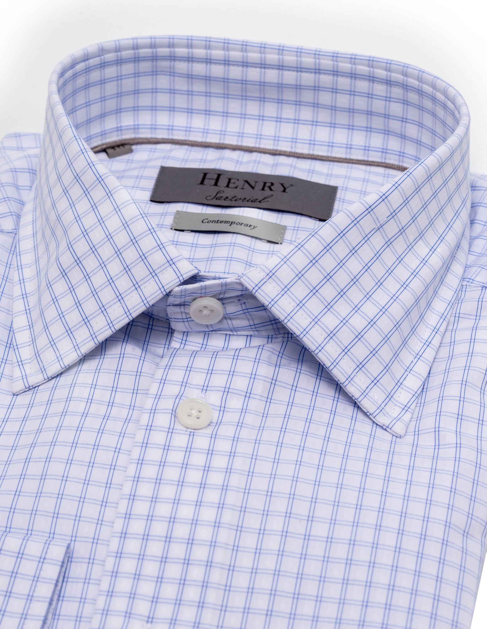 HENRY SARTORIAL Classic Fit Check Blended Cotton Shirt for Men - Blue & White Plaid Casual Button Down Shirt - Perfect for Office, Business Meetings & Smart Casual Outfits
