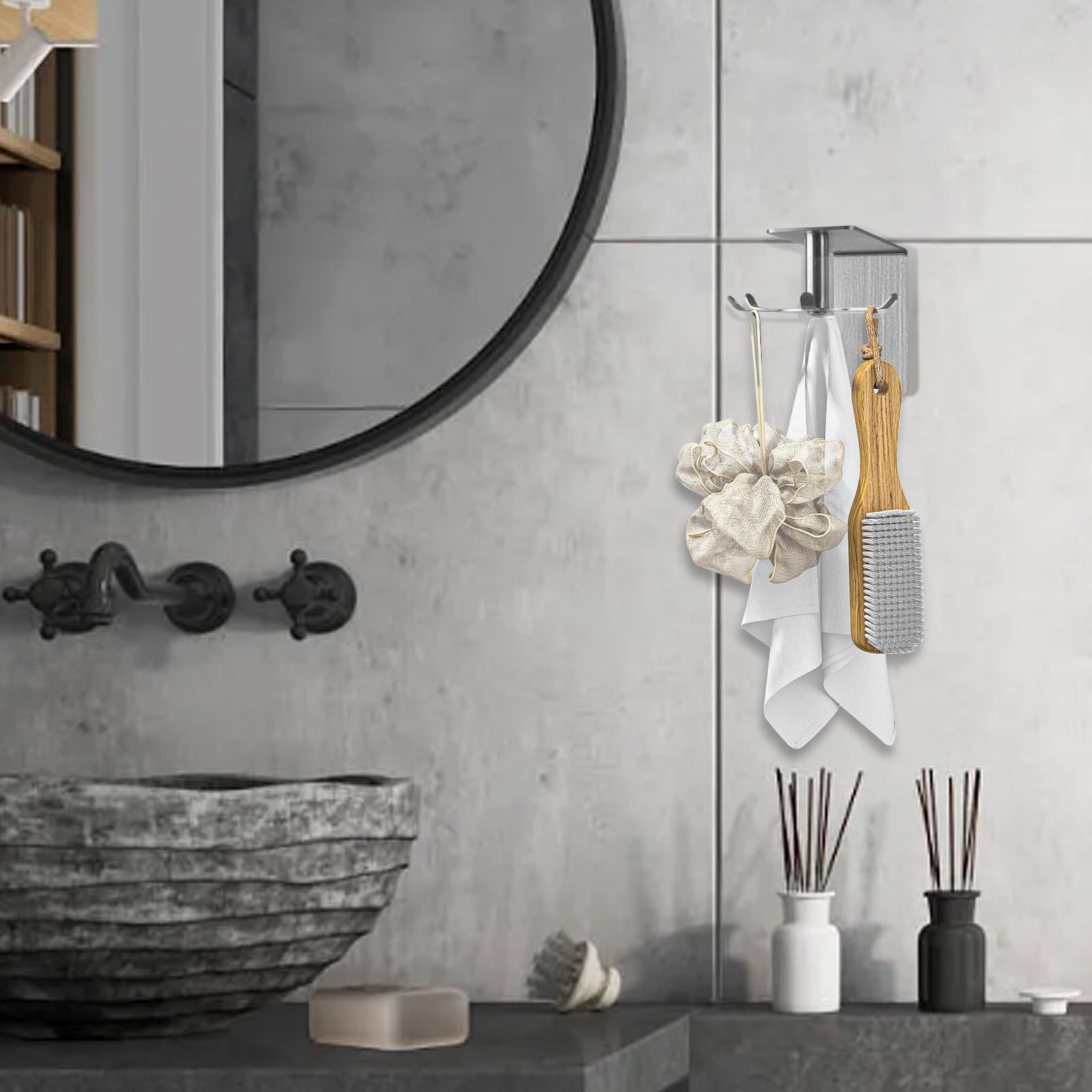 1 Pack Brushed Nickel 304 Stainless Steel Rotating Wall Mount Kitchen Utensil Holder - Adhesive Hanging Rack for Spoons, Spatulas & Cooking Tools - Perfect for Small Kitchens, RVs & Apartments