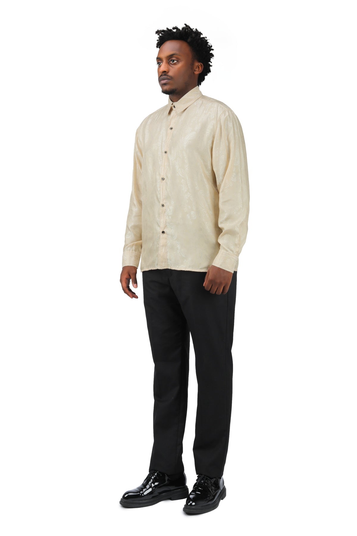 Slim Fit Embroidered Beige Paisley Shirt for Men - Casual Button Down Long Sleeve Dress Shirt for Office, Date Night & Special Occasions