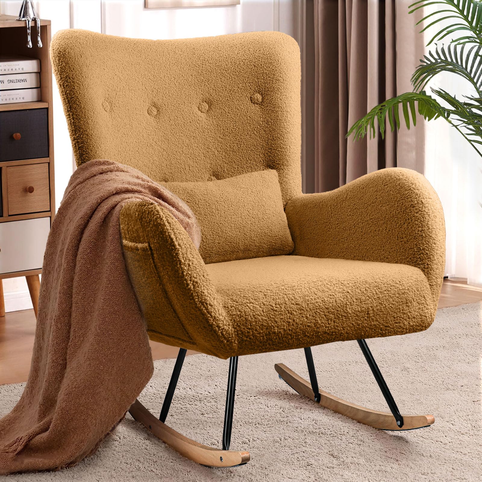 Waleaf Rocking Chair - Upholstered Nursery Rocker with High Backrest & Padded Seat, Comfortable Nursing Chair with Headrest for Bedroom, Living Room & Nursery | Perfect for Breastfeeding, Reading & Relaxing