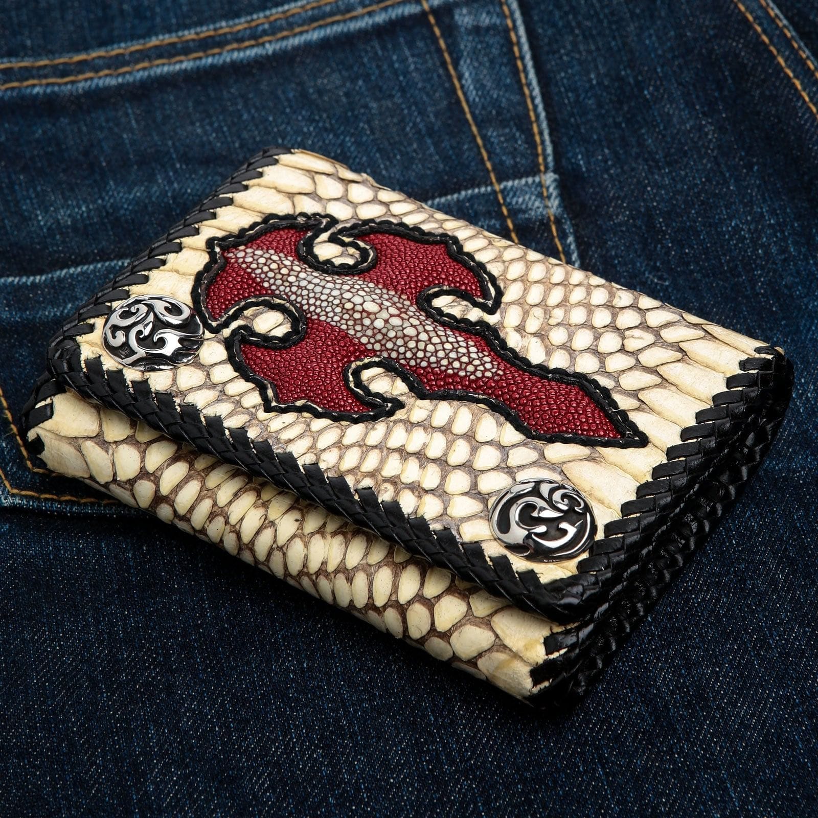 Genuine Cross Stingray Cobra Skin Leather Biker Wallet for Men - Stylish Slim RFID Blocking Bi-Fold Wallet - Perfect for Motorcycle Riders, Travel & Everyday Use