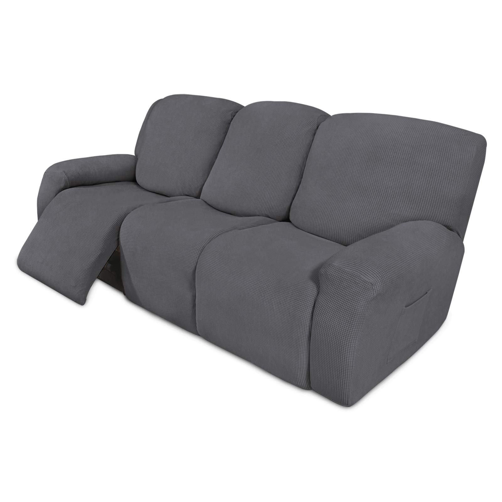 8-Piece Stretch Recliner Sofa Slipcover Set - Spandex Jacquard Fabric with Elastic Bottom, Gray Small Checks - Furniture Protector for Couch, Kids & Pets - Perfect for Living Room, Family Room & Home Theater