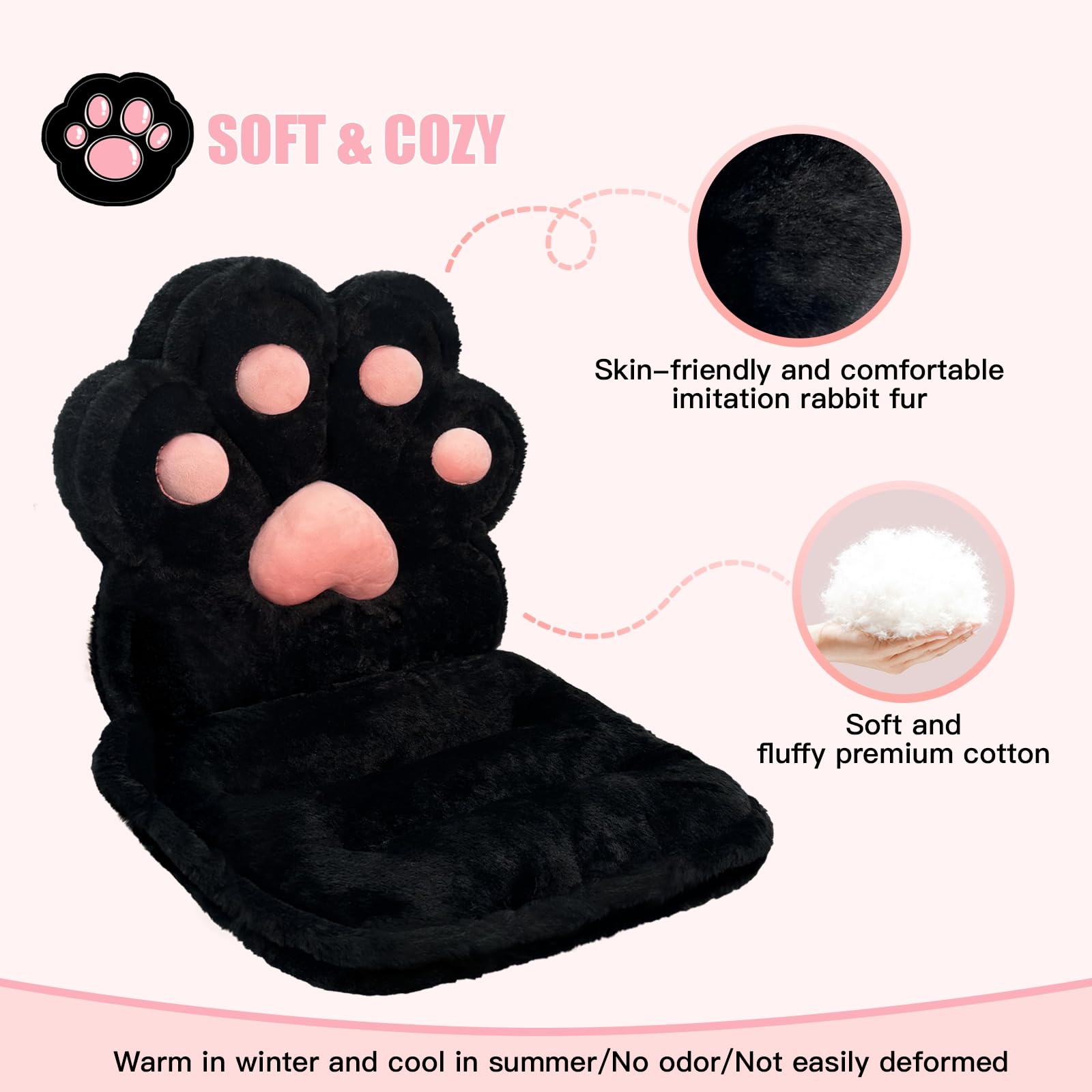 L-Shape Cat Paw Cushion - Soft Faux Rabbit Fur Gaming Chair Pillow for Office & Home, Kawaii Plush Seat Cushion for Desk Chairs, Ergonomic Support & Room Decor (Black) - Perfect for Gaming, Working & Relaxing