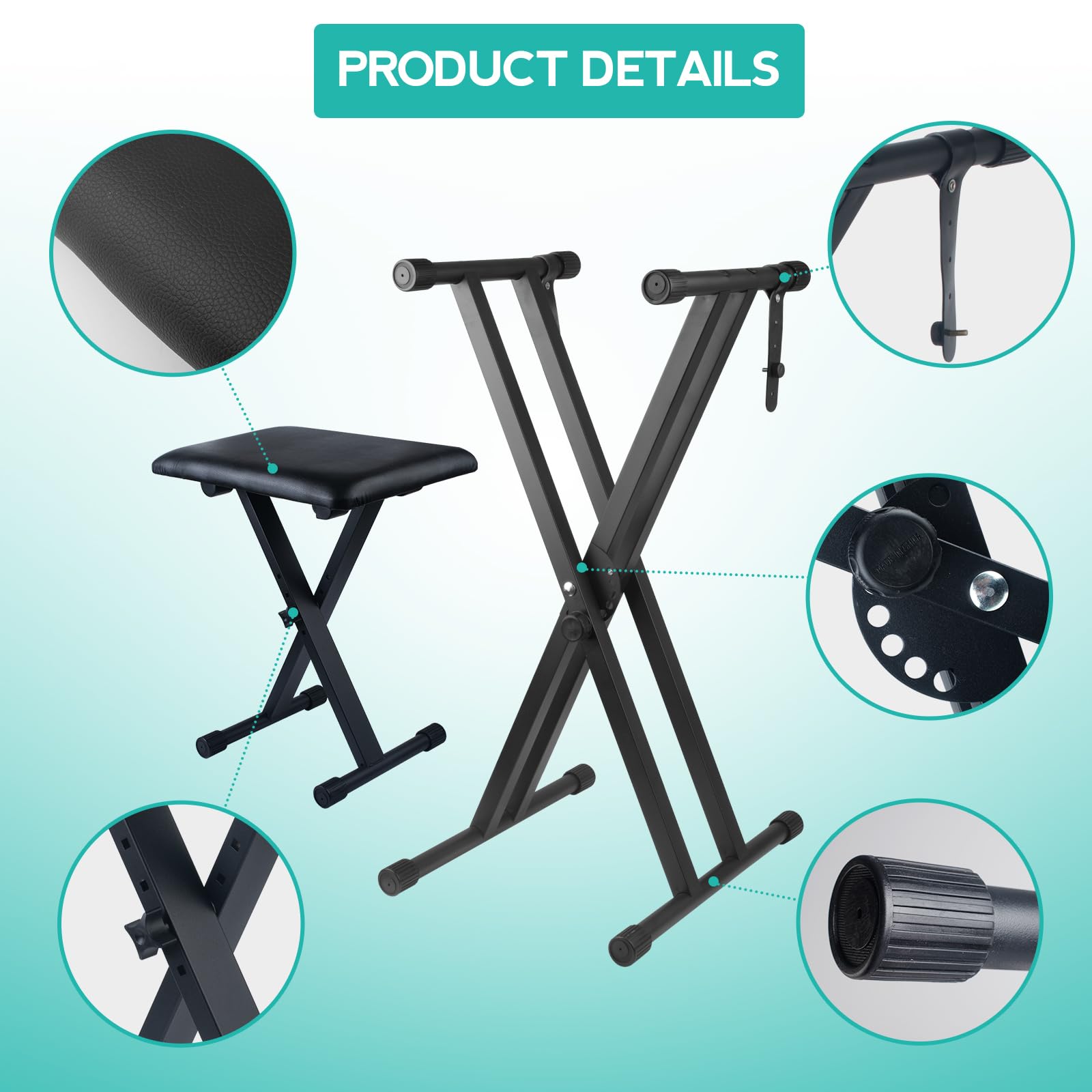 Adjustable Double X Keyboard Stand & Piano Bench Set with Lockable Straps - 7 Height Settings, Black - Perfect for Home Studios, Music Classrooms & Live Performances