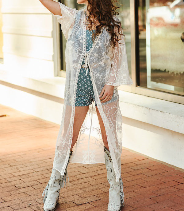 Women's Western Embroidered Mesh Lace Duster Cardigan - Boho Chic Open Front Cover Up for Spring & Summer - Perfect for Music Festivals, Beach Cover-Ups, and Casual Outfits