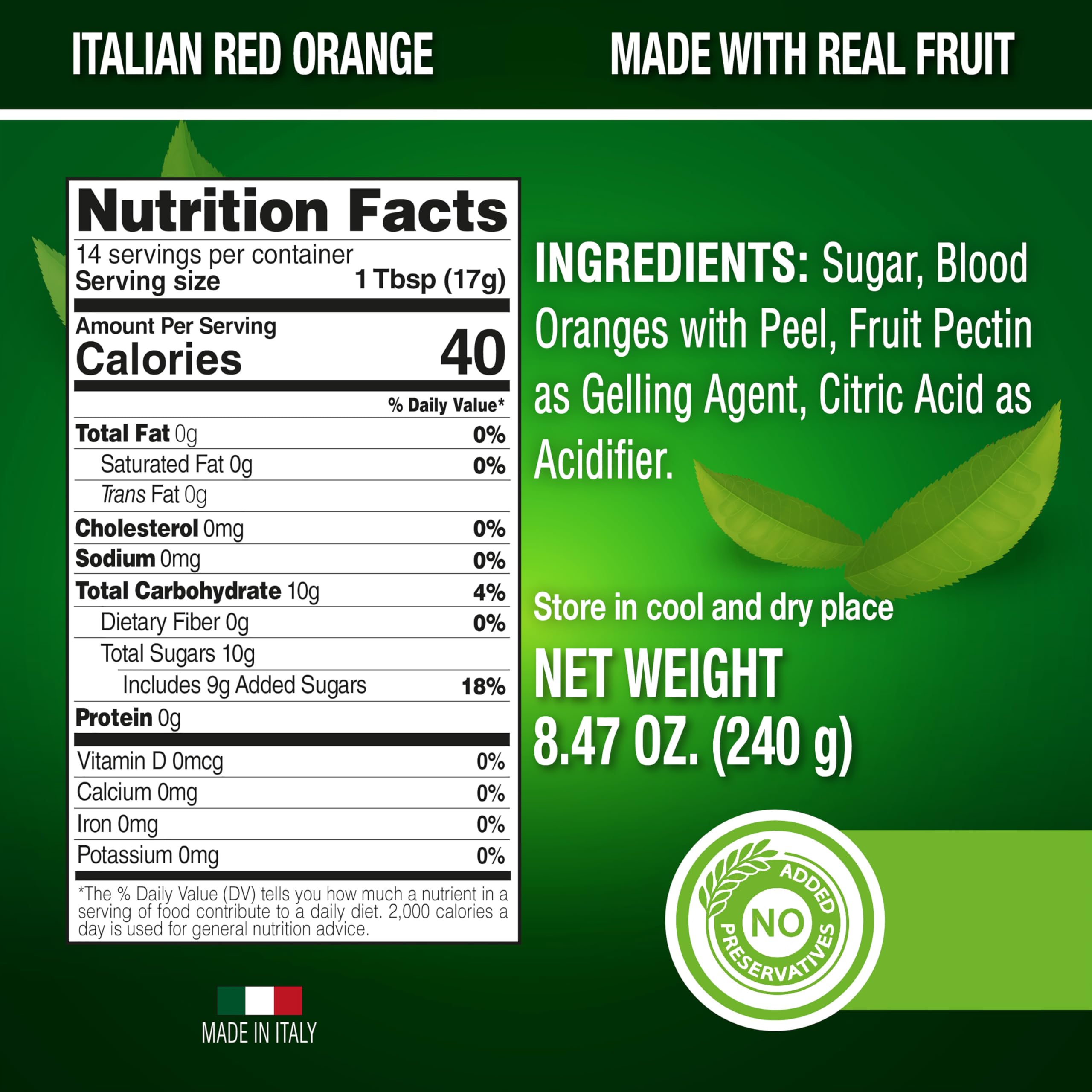 Premium Italian Blood Orange Fruit Preserves 8.47oz - Gluten Free, Non-GMO, No Preservatives, No High Fructose Corn Syrup - 45% Real Fruit Content - Gourmet Jams & Preserves - Perfect for Breakfast Toast, Pastry Fillings & Cheese Pairings