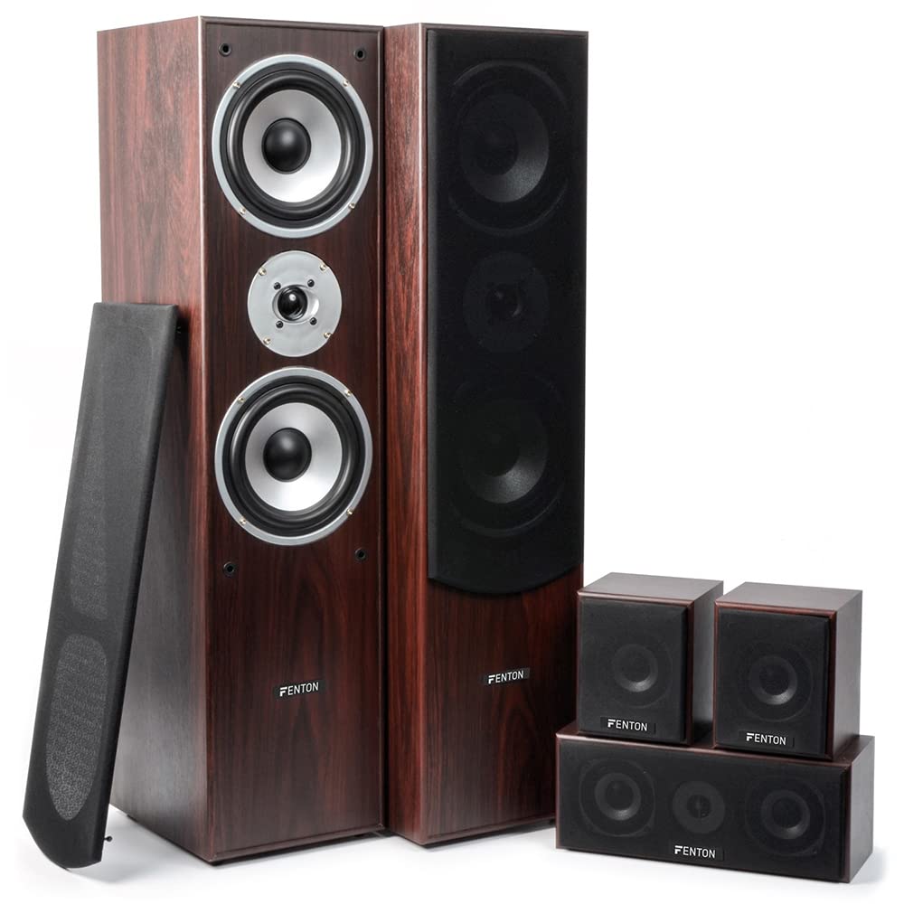 Fenton 5.0 Surround Sound Speaker System - 1150W Home Theater Speakers with Walnut Finish, 3-Way Tower & 2-Way Satellite Speakers, Wall Mountable - Perfect for Movie Nights, Gaming, and Music Listening