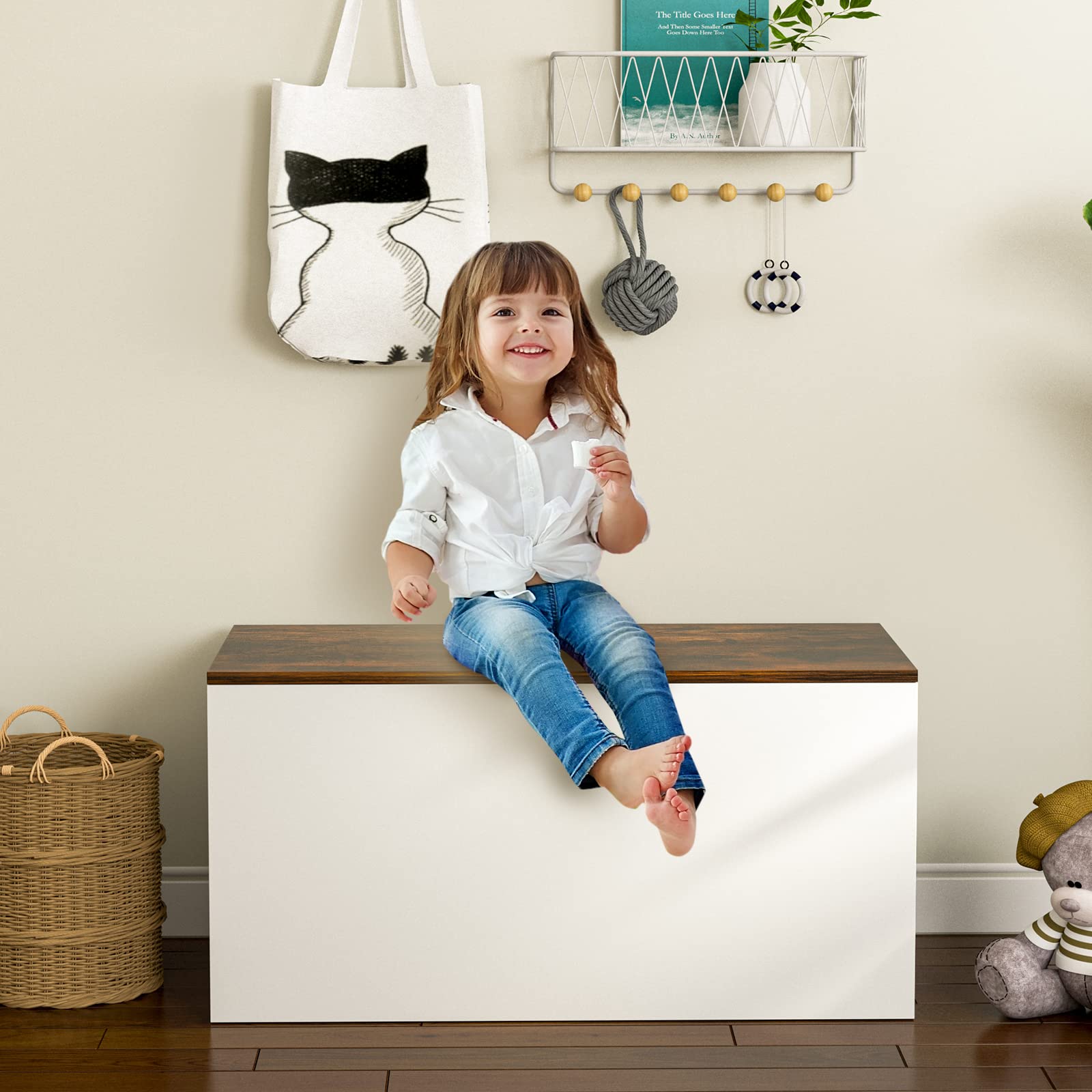 Costzon Wooden Kids Toy Storage Box - 35.5
