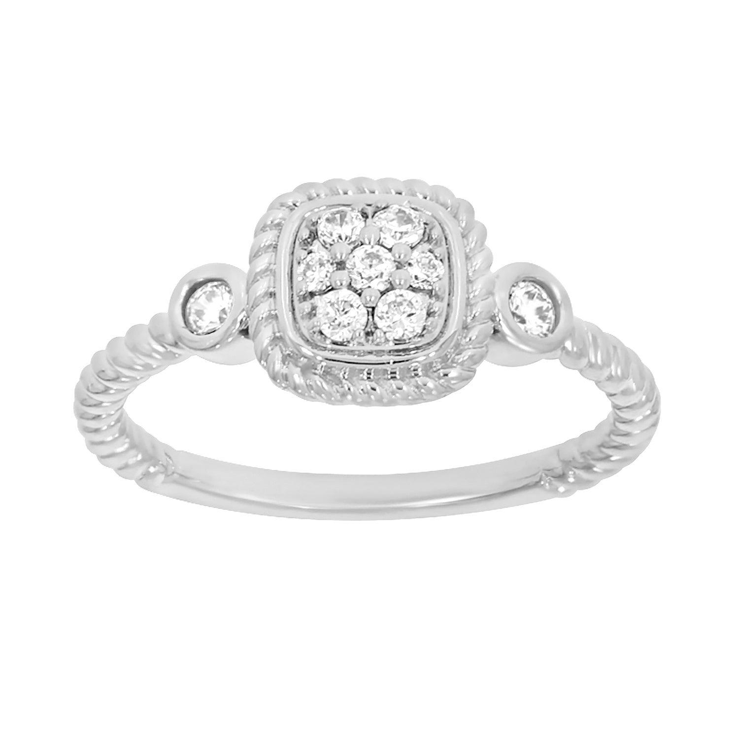 9ct White Gold Cushion Cut Diamond Ring with 9 Brilliant Diamonds - Elegant Engagement & Wedding Ring for Women